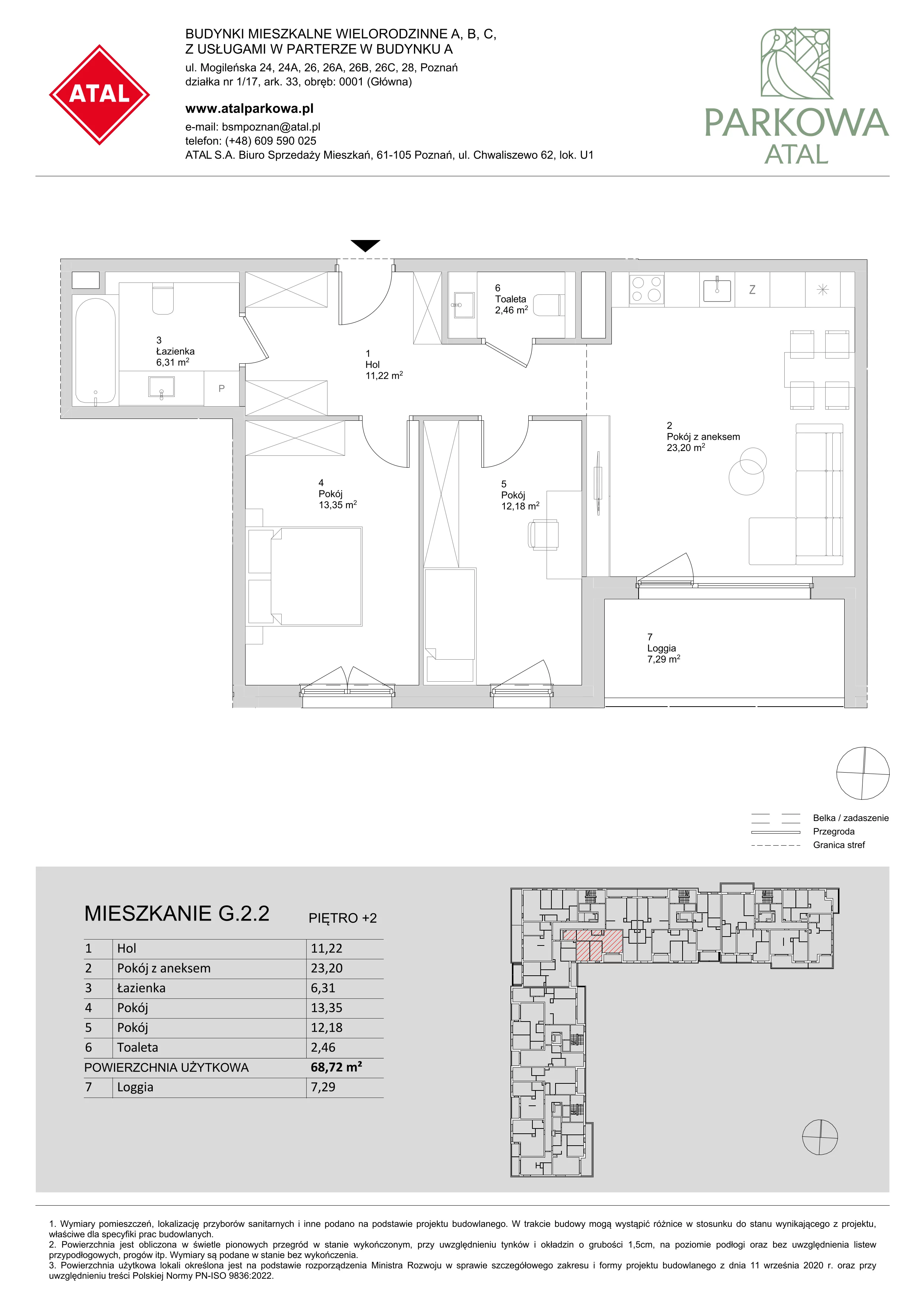 3 pokoje, mieszkanie 68,72 m², piętro 2, oferta nr G.2.2, ATAL Parkowa, Poznań, Nowe Miasto, Osiedle Warszawskie, ul. Mogileńska