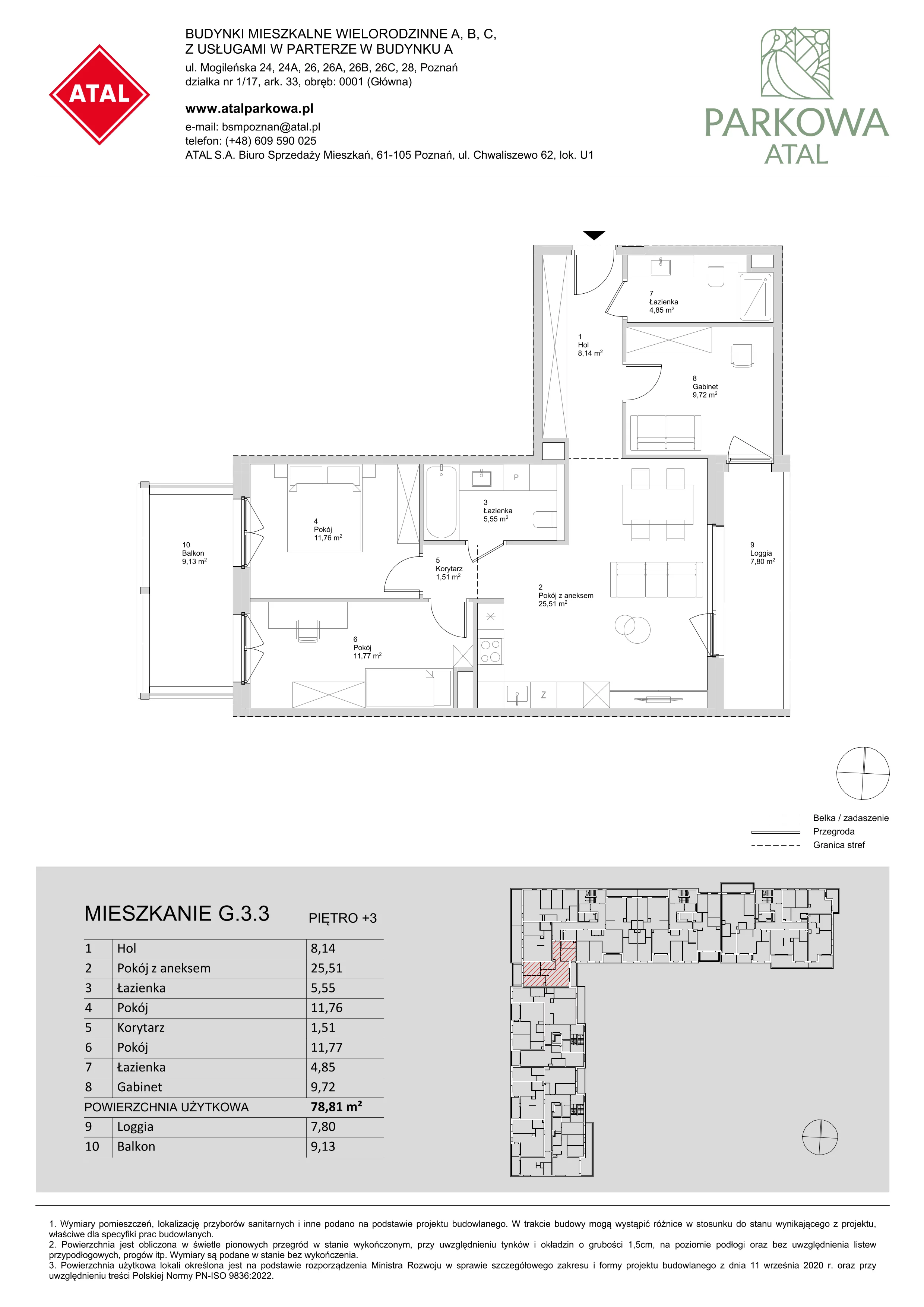 3 pokoje, mieszkanie 78,81 m², piętro 3, oferta nr G.3.3, ATAL Parkowa, Poznań, Nowe Miasto, Osiedle Warszawskie, ul. Mogileńska