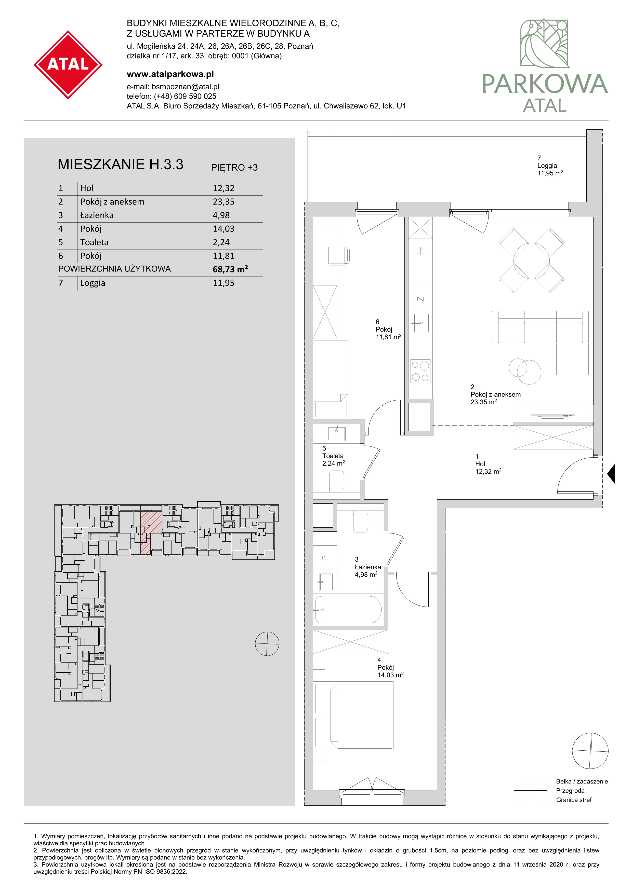 3 pokoje, mieszkanie 68,73 m², piętro 3, oferta nr H.3.3, ATAL Parkowa, Poznań, Nowe Miasto, Osiedle Warszawskie, ul. Mogileńska