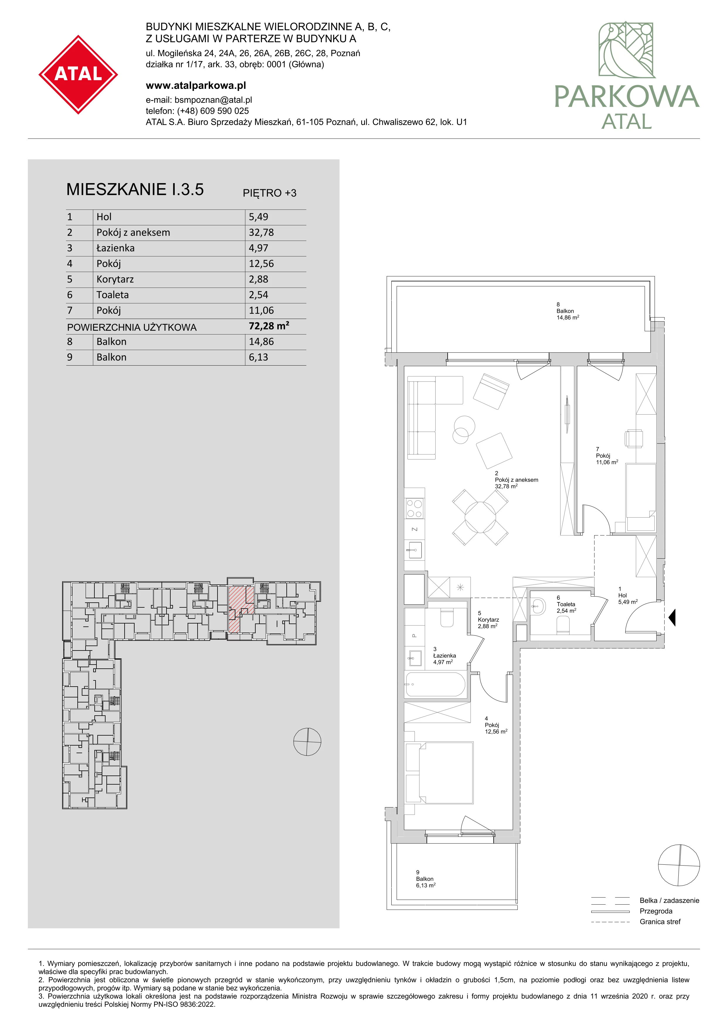 3 pokoje, mieszkanie 72,28 m², piętro 3, oferta nr I.3.5, ATAL Parkowa, Poznań, Nowe Miasto, Osiedle Warszawskie, ul. Mogileńska