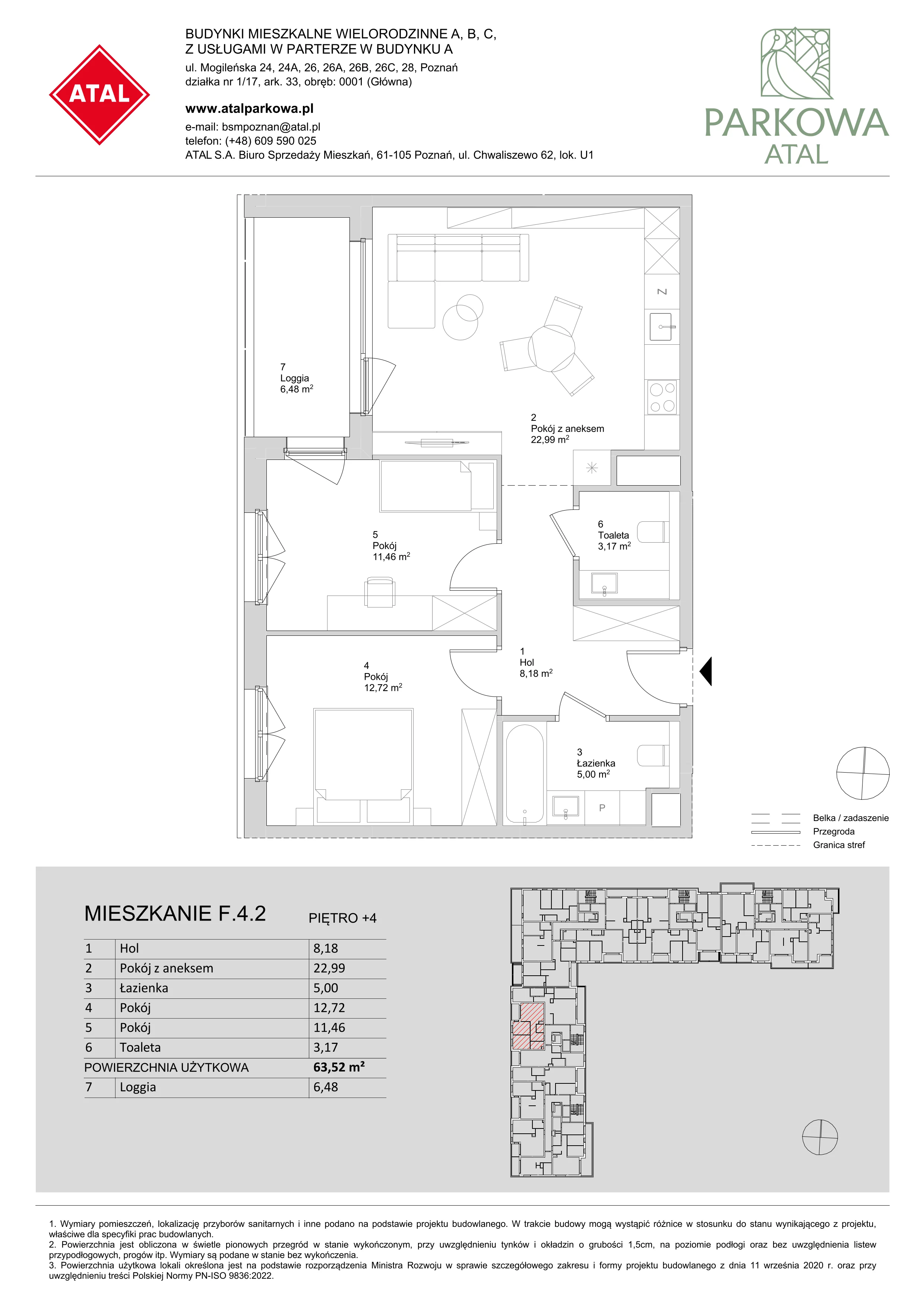 3 pokoje, mieszkanie 63,52 m², piętro 4, oferta nr F.4.2, ATAL Parkowa, Poznań, Nowe Miasto, Osiedle Warszawskie, ul. Mogileńska