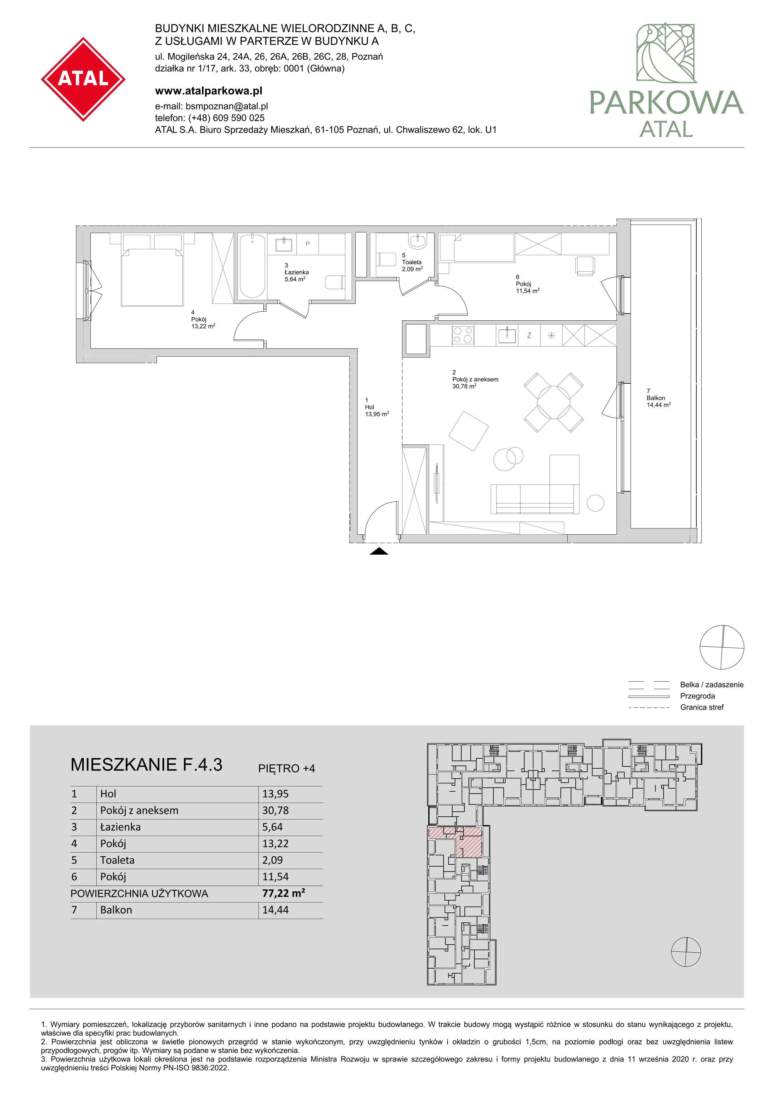 3 pokoje, mieszkanie 77,22 m², piętro 4, oferta nr F.4.3, ATAL Parkowa, Poznań, Nowe Miasto, Osiedle Warszawskie, ul. Mogileńska