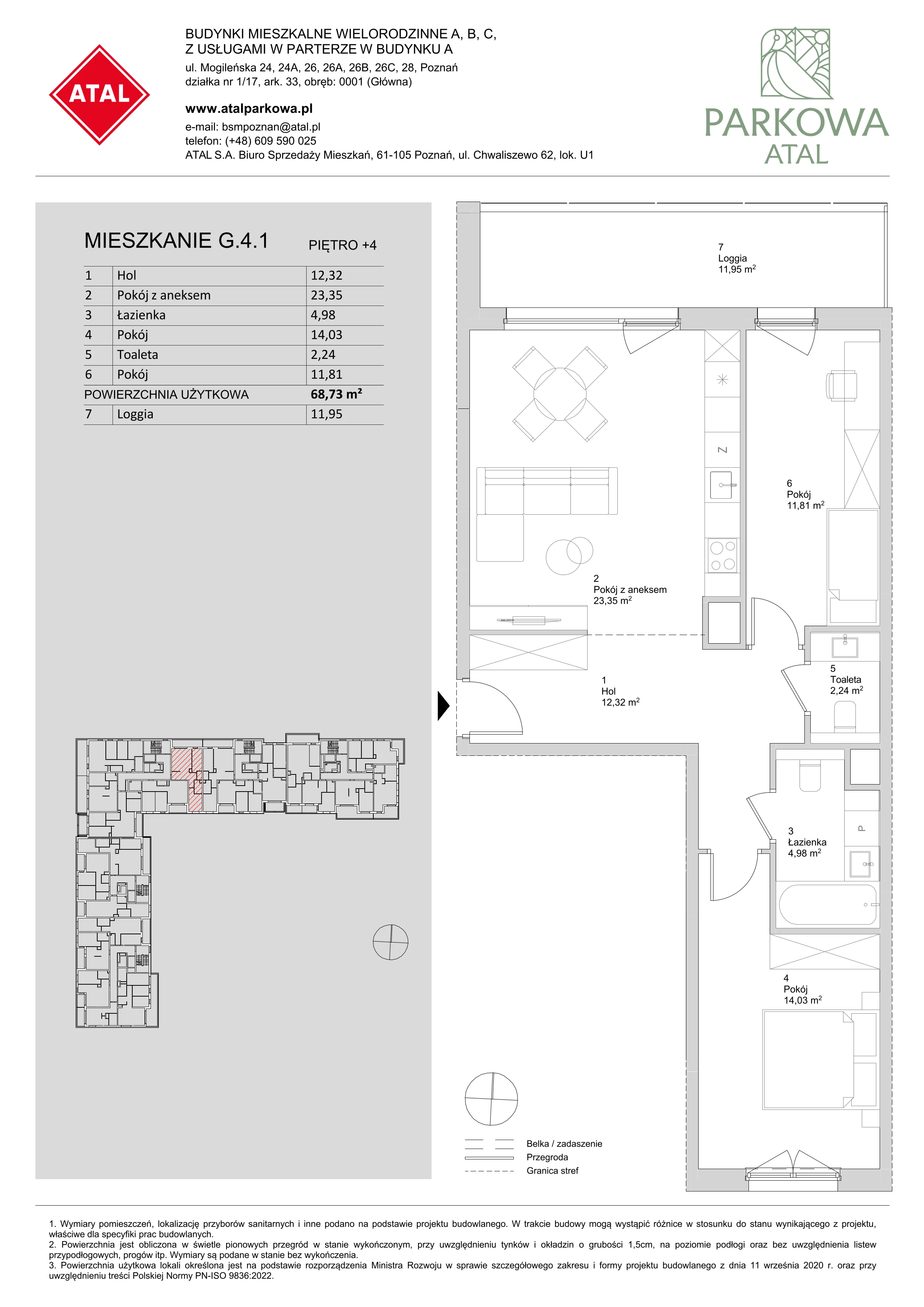 3 pokoje, mieszkanie 68,73 m², piętro 4, oferta nr G.4.1, ATAL Parkowa, Poznań, Nowe Miasto, Osiedle Warszawskie, ul. Mogileńska