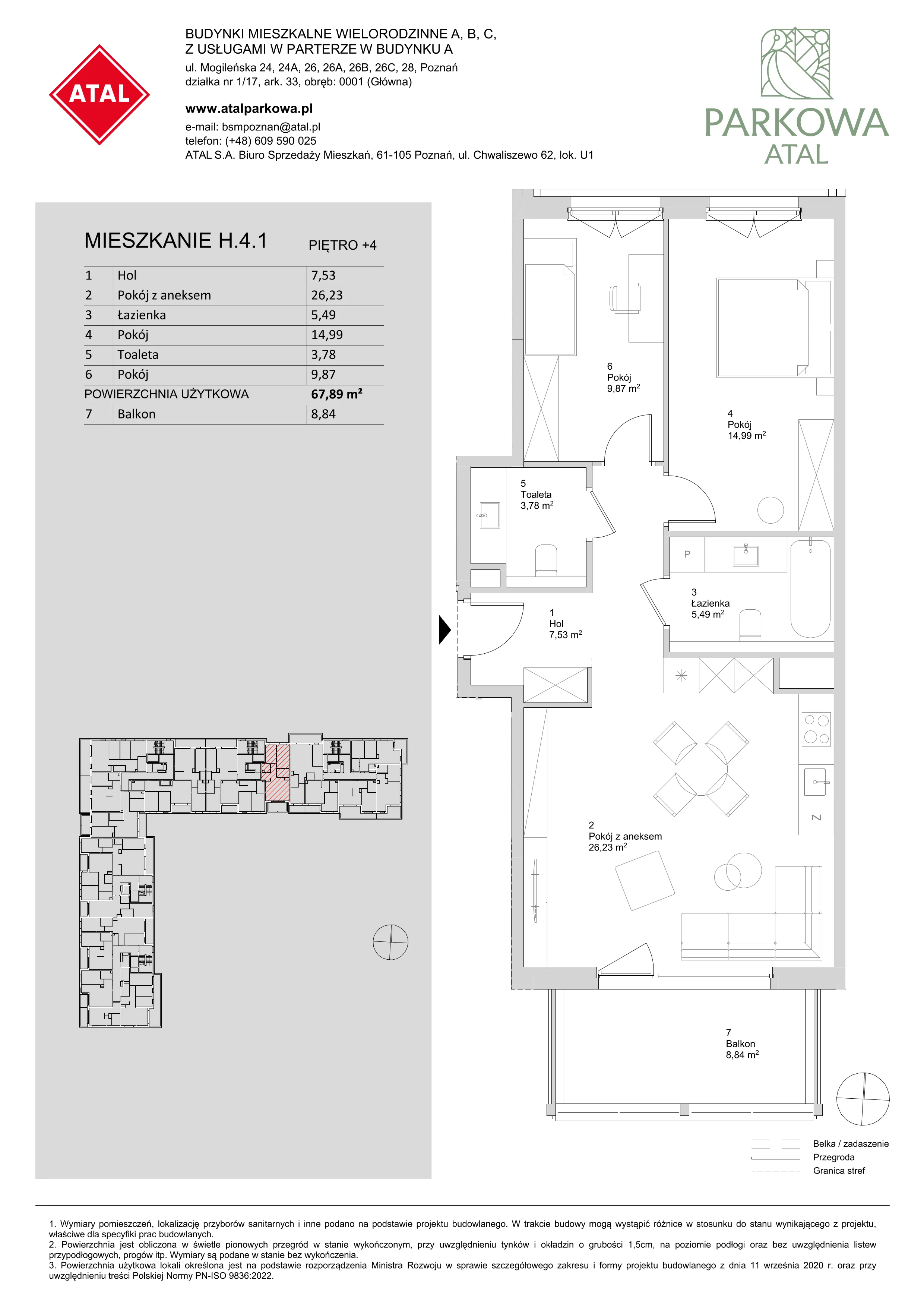 3 pokoje, mieszkanie 67,89 m², piętro 4, oferta nr H.4.1, ATAL Parkowa, Poznań, Nowe Miasto, Osiedle Warszawskie, ul. Mogileńska