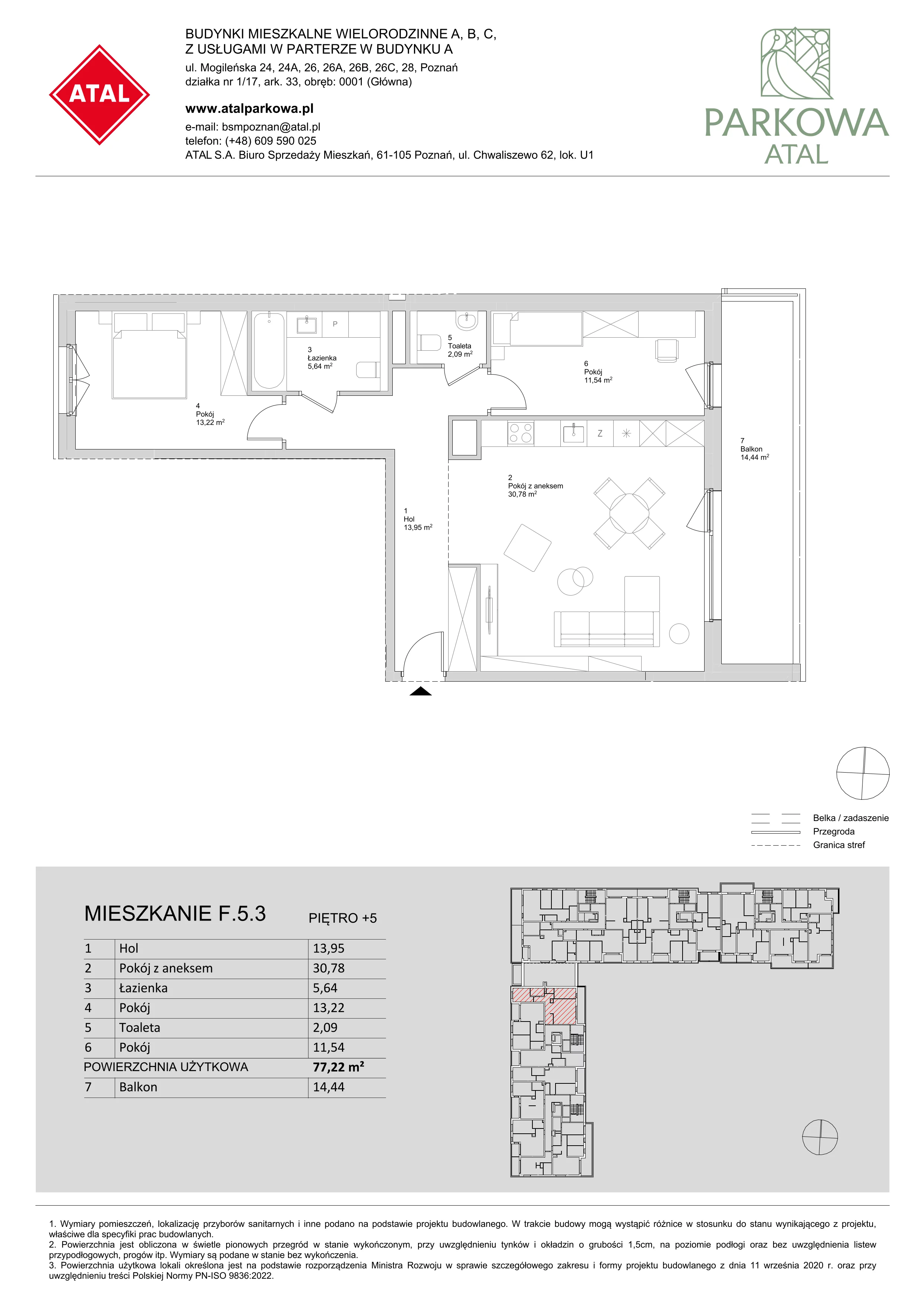 3 pokoje, mieszkanie 77,22 m², piętro 5, oferta nr F.5.3, ATAL Parkowa, Poznań, Nowe Miasto, Osiedle Warszawskie, ul. Mogileńska