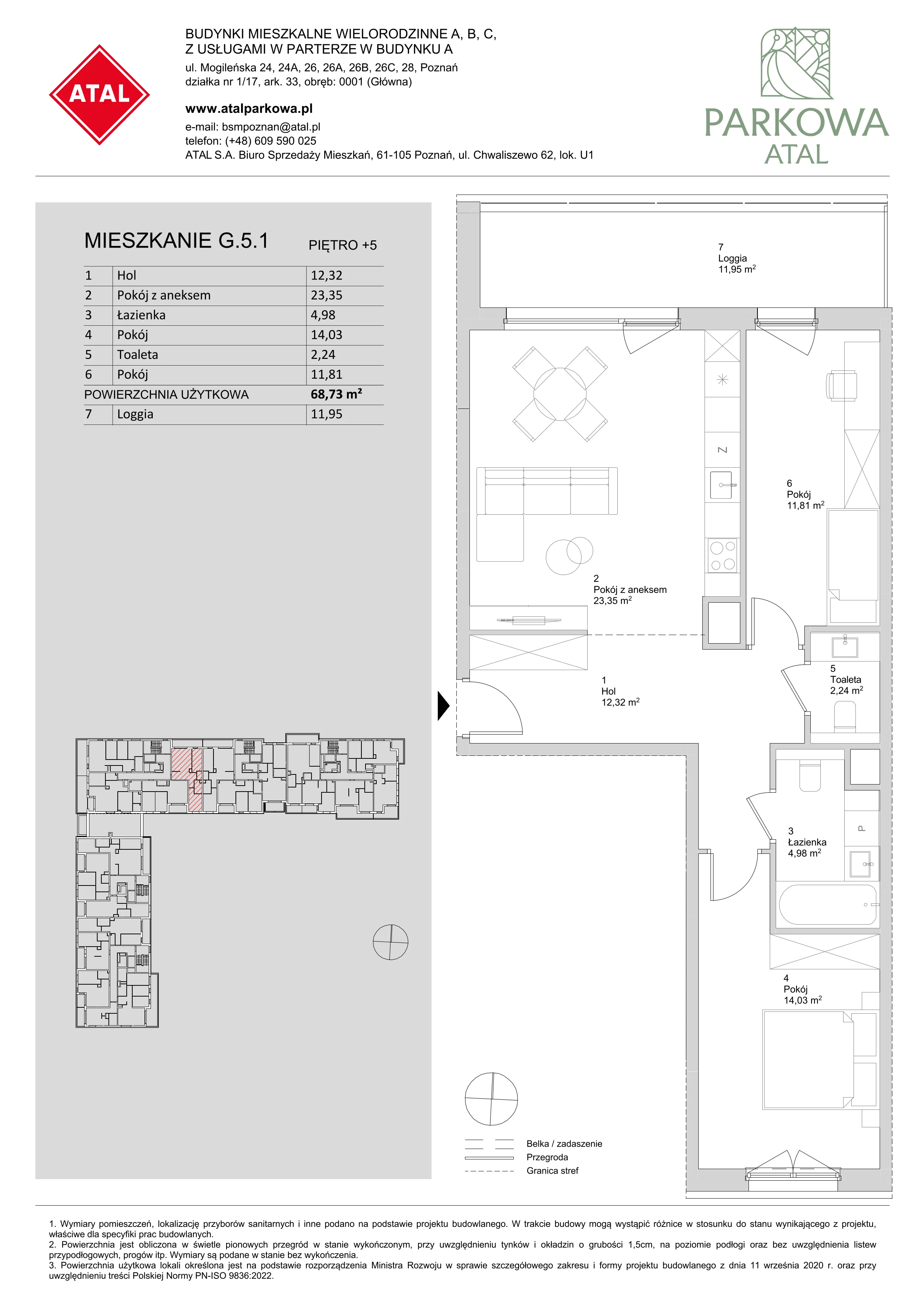 3 pokoje, mieszkanie 68,73 m², piętro 5, oferta nr G.5.1, ATAL Parkowa, Poznań, Nowe Miasto, Osiedle Warszawskie, ul. Mogileńska