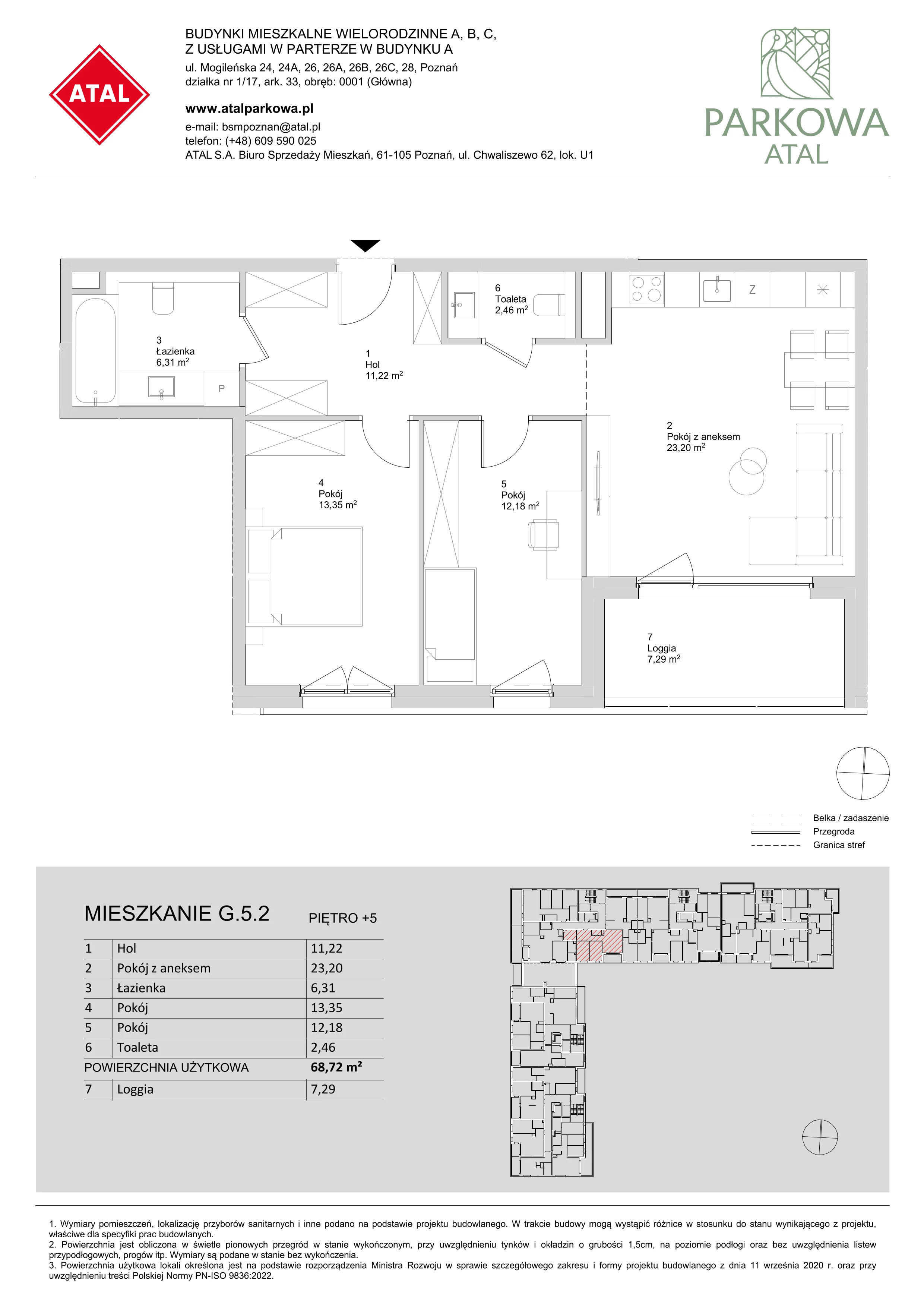 3 pokoje, mieszkanie 68,72 m², piętro 5, oferta nr G.5.2, ATAL Parkowa, Poznań, Nowe Miasto, Osiedle Warszawskie, ul. Mogileńska