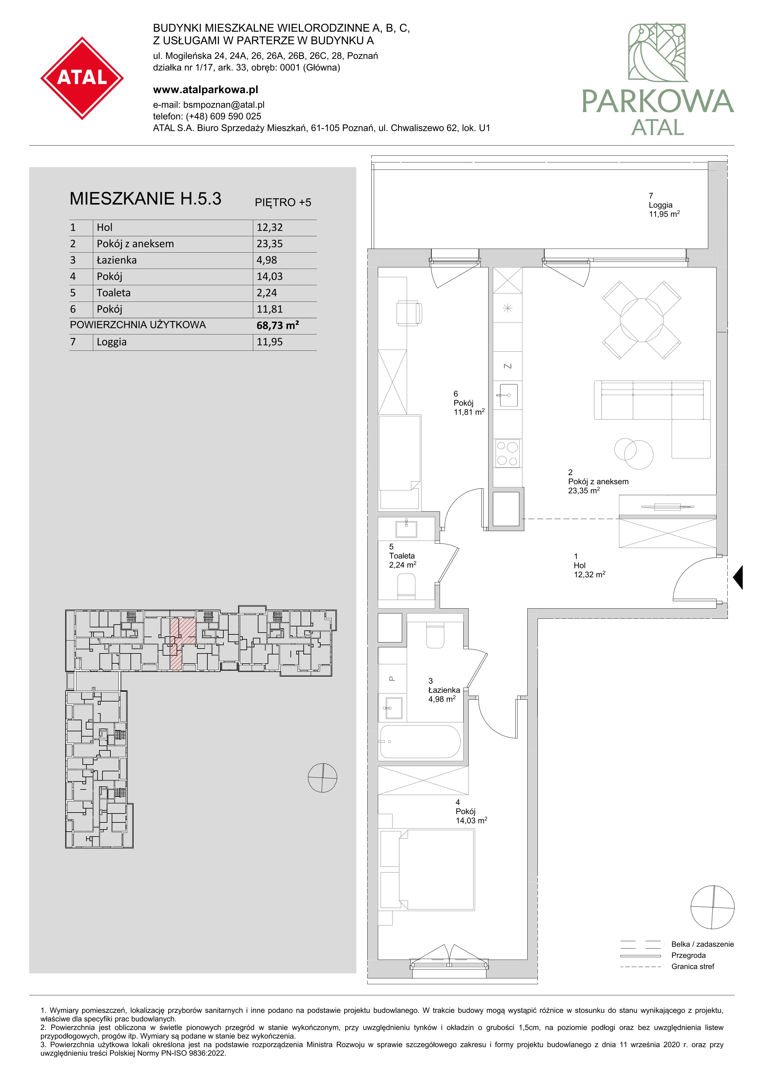 3 pokoje, mieszkanie 68,73 m², piętro 5, oferta nr H.5.3, ATAL Parkowa, Poznań, Nowe Miasto, Osiedle Warszawskie, ul. Mogileńska