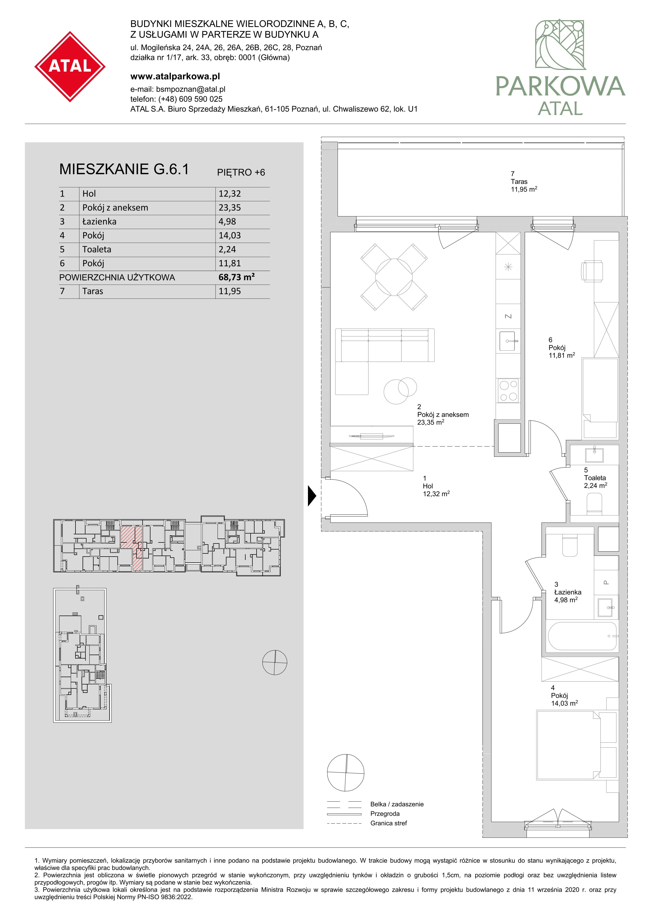 3 pokoje, mieszkanie 68,73 m², piętro 6, oferta nr G.6.1, ATAL Parkowa, Poznań, Nowe Miasto, Osiedle Warszawskie, ul. Mogileńska