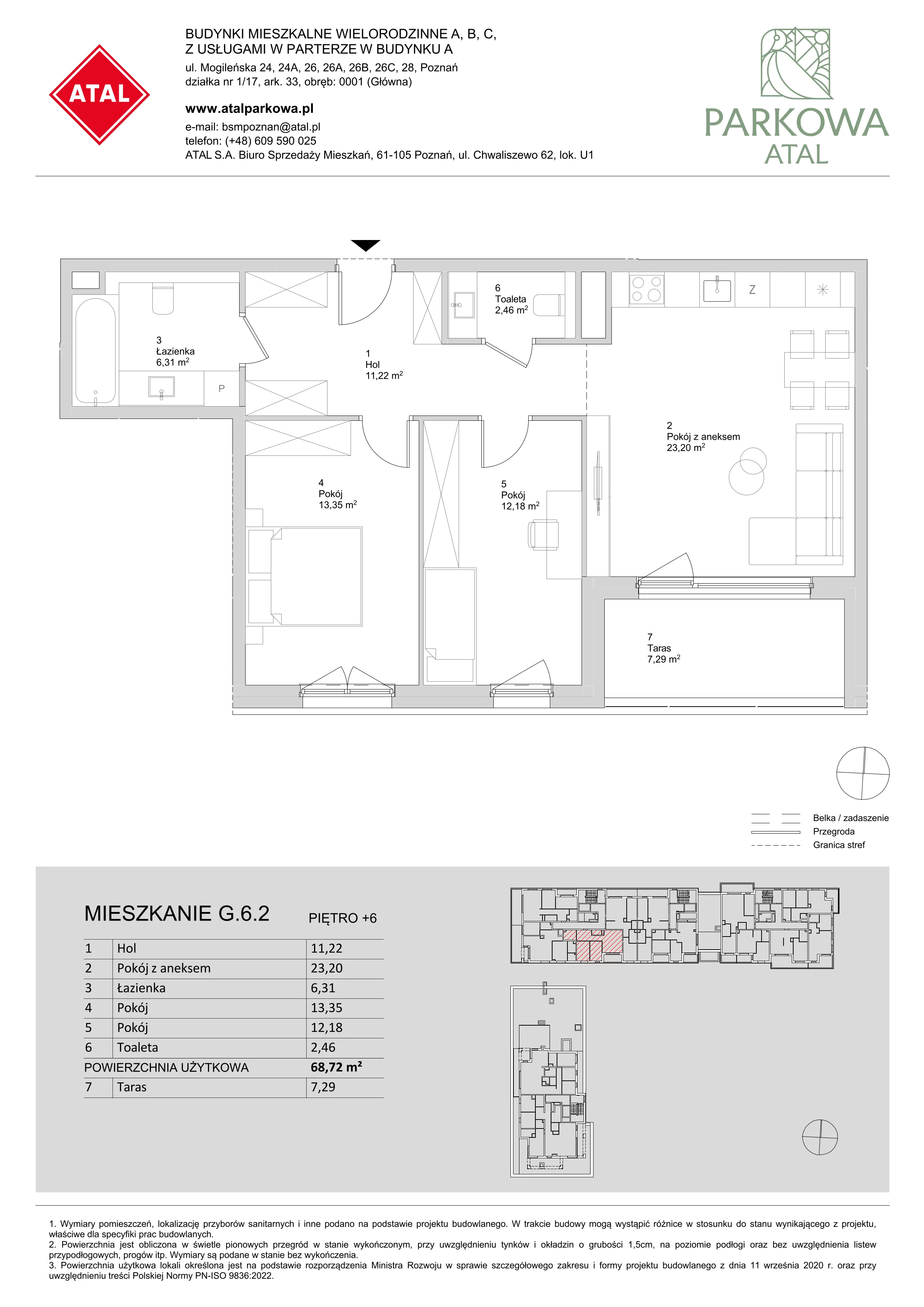 3 pokoje, mieszkanie 68,72 m², piętro 6, oferta nr G.6.2, ATAL Parkowa, Poznań, Nowe Miasto, Osiedle Warszawskie, ul. Mogileńska