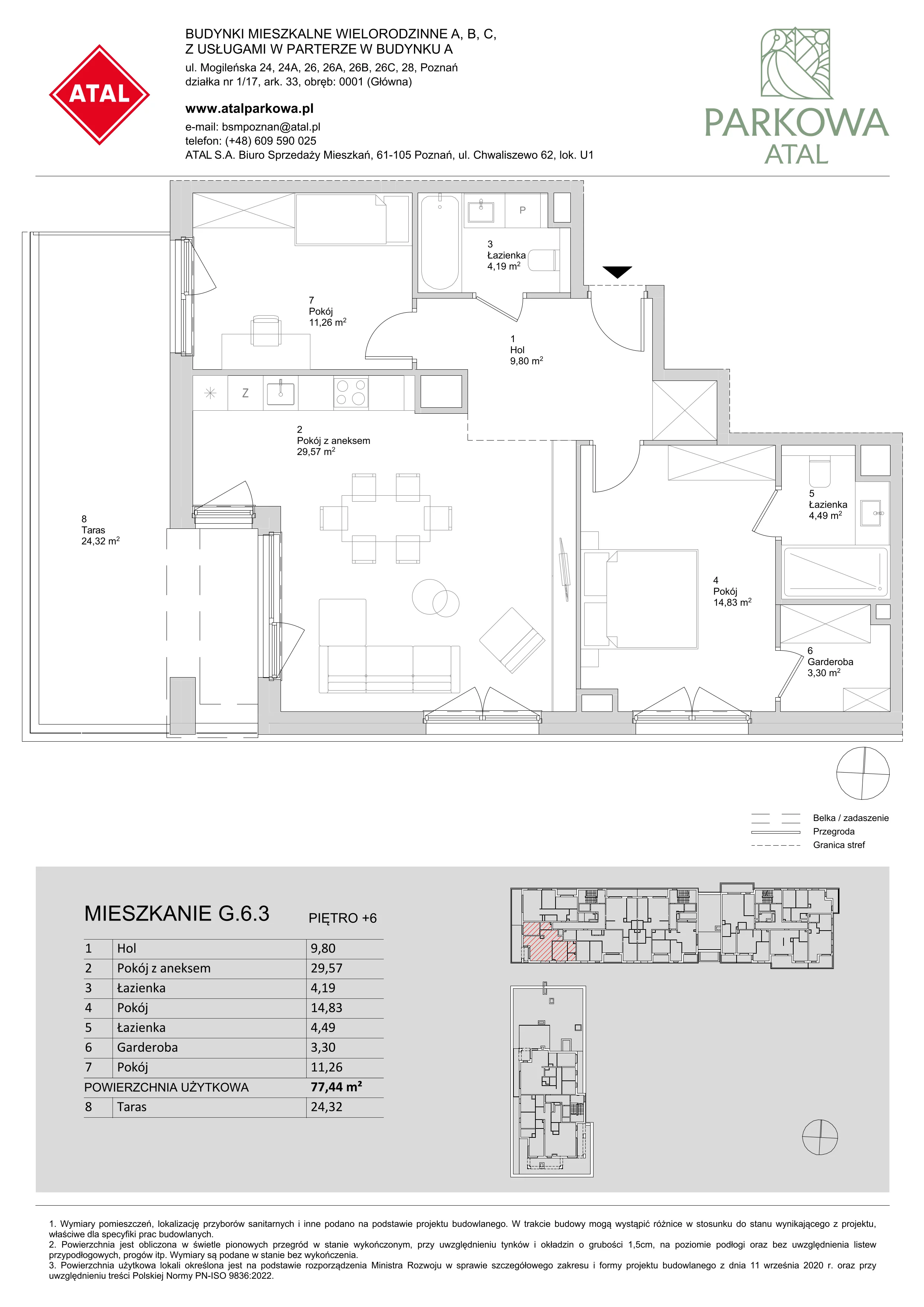 3 pokoje, mieszkanie 77,44 m², piętro 6, oferta nr G.6.3, ATAL Parkowa, Poznań, Nowe Miasto, Osiedle Warszawskie, ul. Mogileńska