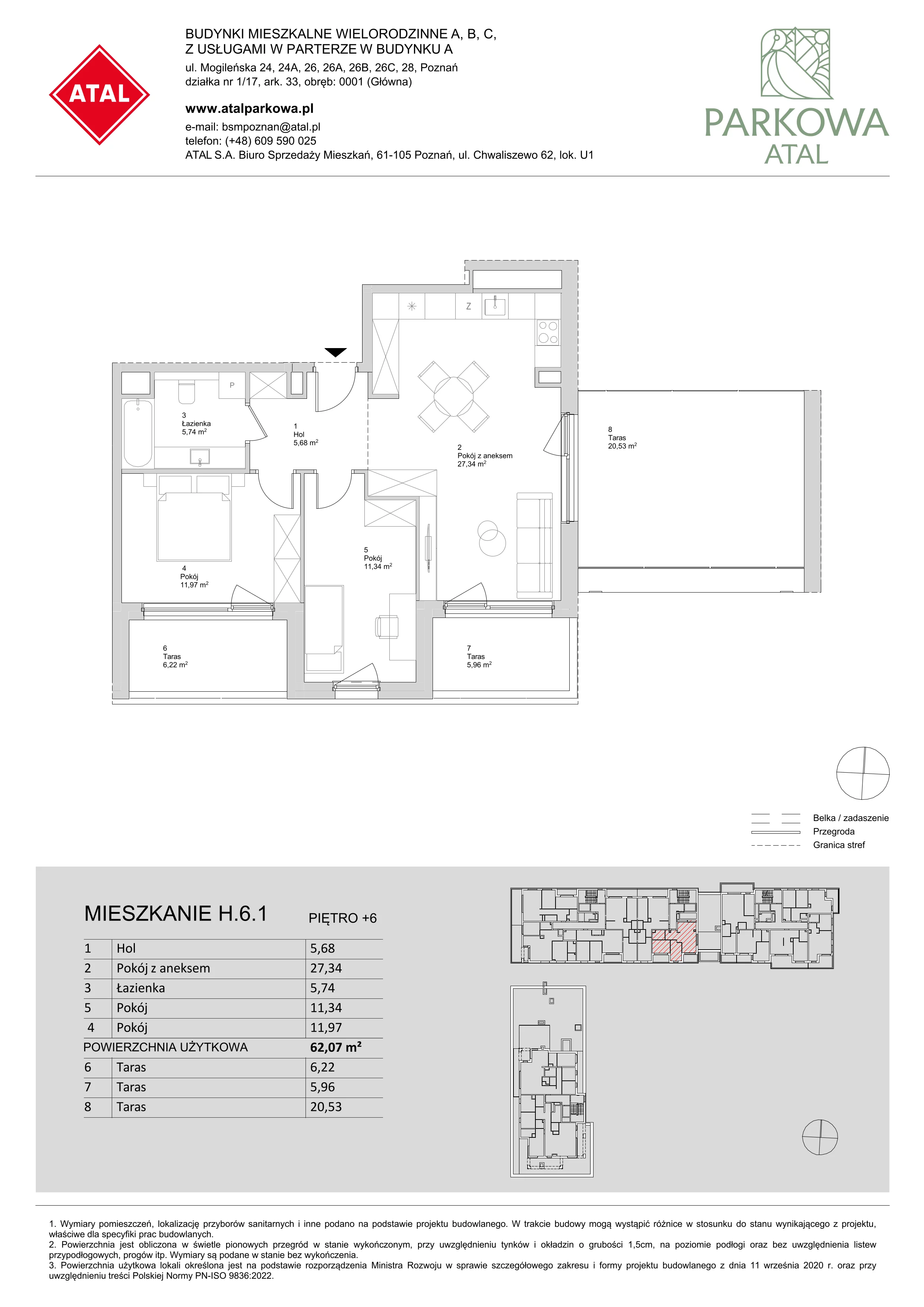 3 pokoje, mieszkanie 62,07 m², piętro 6, oferta nr H.6.1, ATAL Parkowa, Poznań, Nowe Miasto, Osiedle Warszawskie, ul. Mogileńska