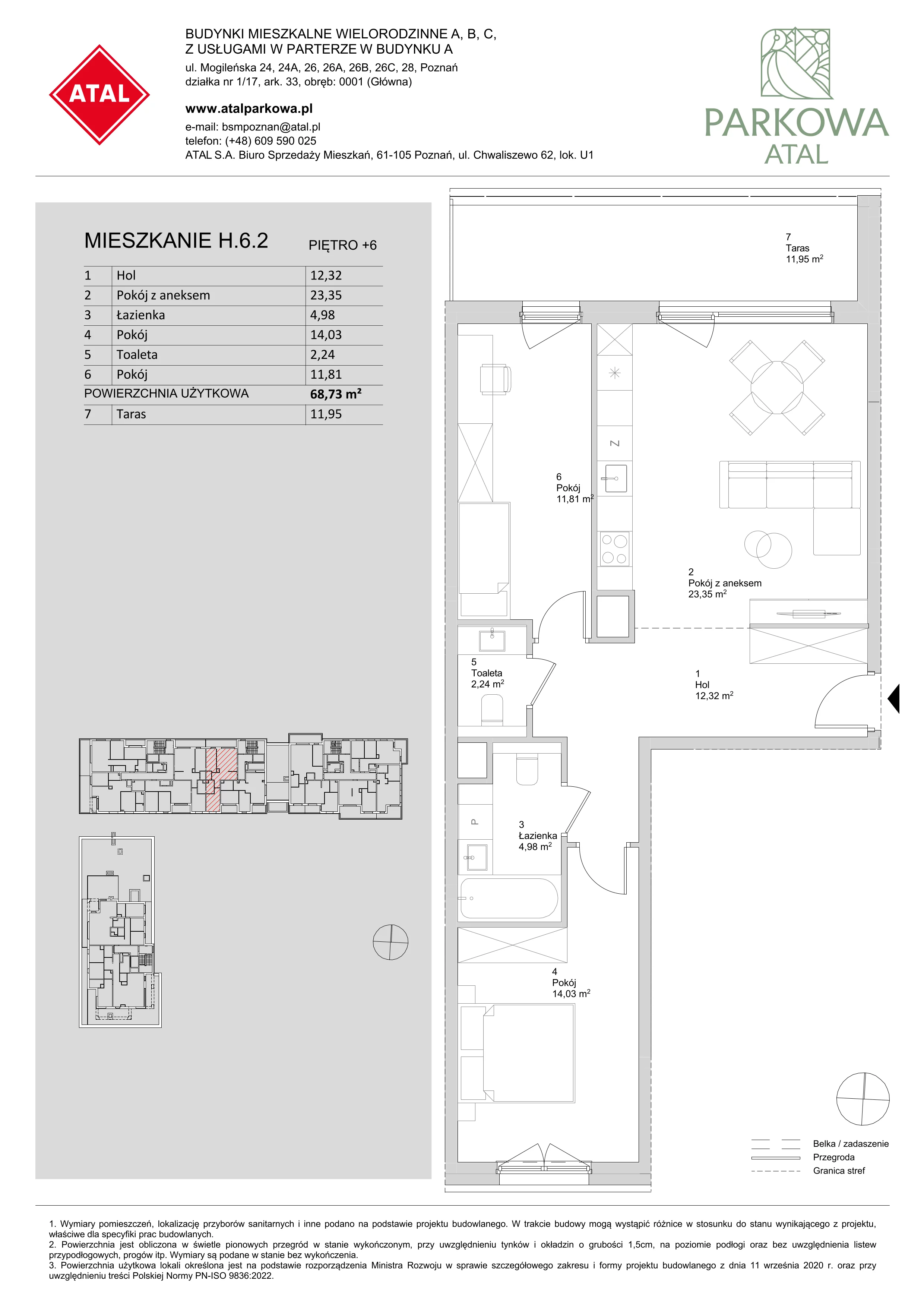 3 pokoje, mieszkanie 68,73 m², piętro 6, oferta nr H.6.2, ATAL Parkowa, Poznań, Nowe Miasto, Osiedle Warszawskie, ul. Mogileńska
