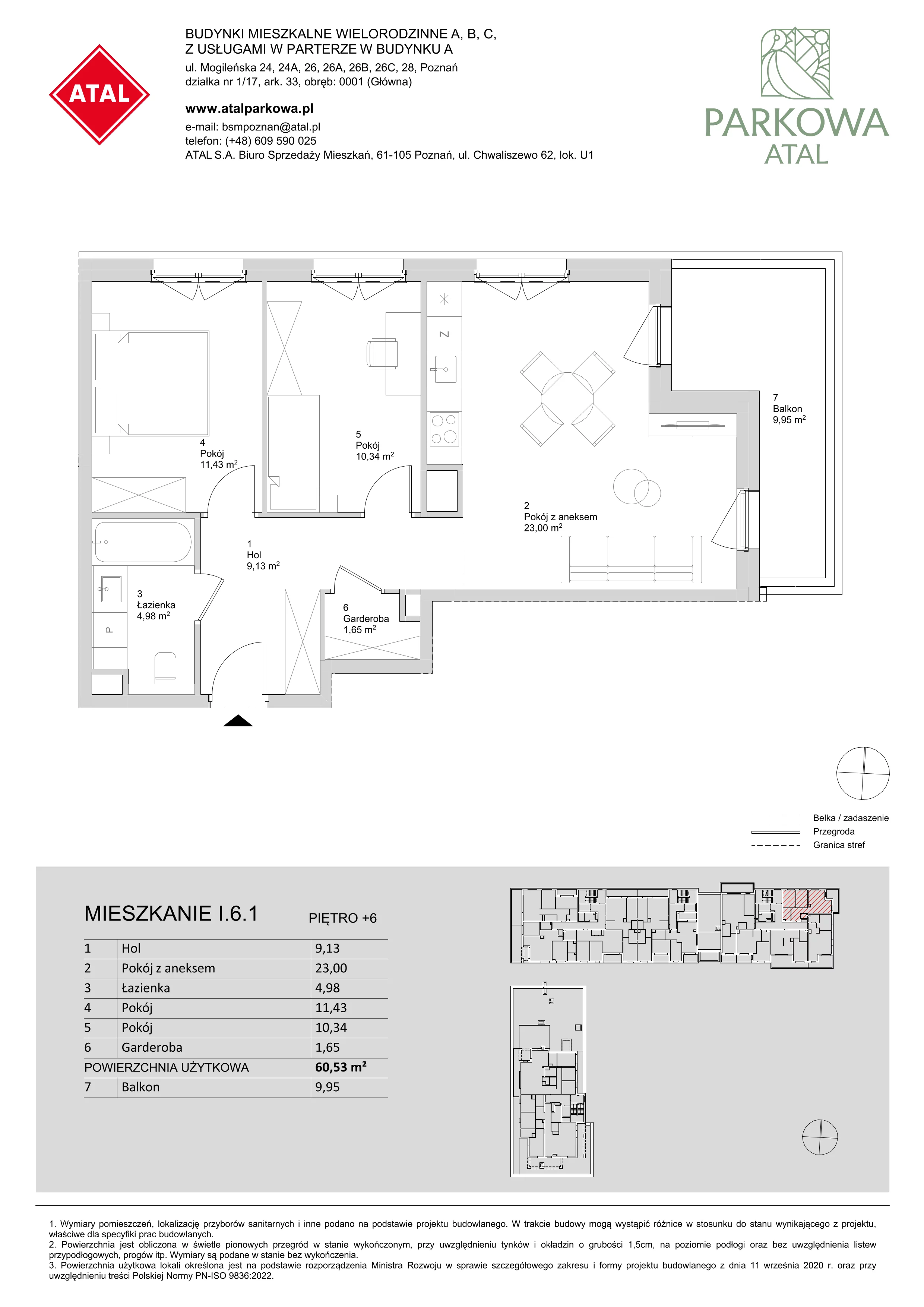 3 pokoje, mieszkanie 60,53 m², piętro 6, oferta nr I.6.1, ATAL Parkowa, Poznań, Nowe Miasto, Osiedle Warszawskie, ul. Mogileńska