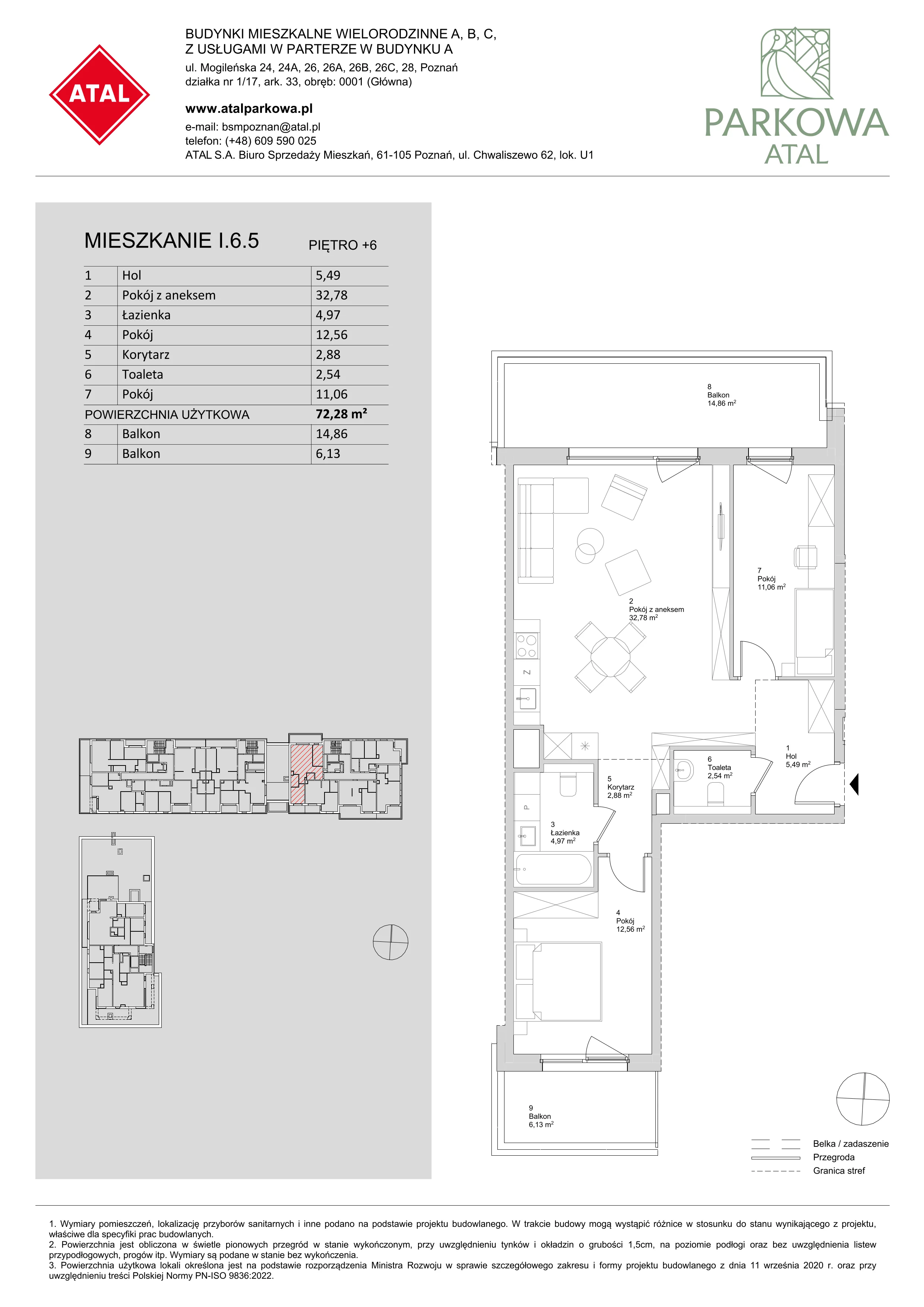 3 pokoje, mieszkanie 72,28 m², piętro 6, oferta nr I.6.5, ATAL Parkowa, Poznań, Nowe Miasto, Osiedle Warszawskie, ul. Mogileńska