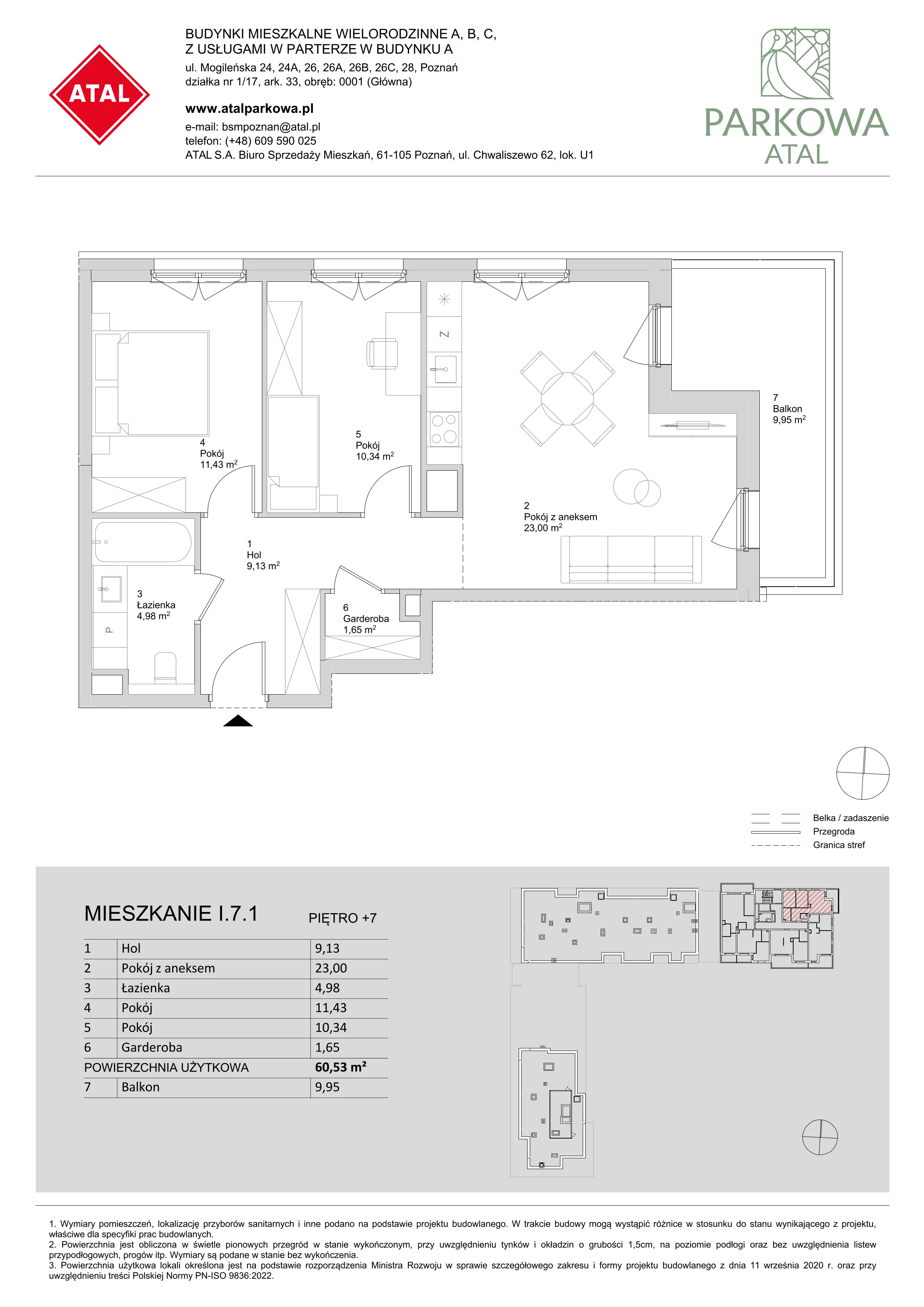 3 pokoje, mieszkanie 60,53 m², piętro 7, oferta nr I.7.1, ATAL Parkowa, Poznań, Nowe Miasto, Osiedle Warszawskie, ul. Mogileńska
