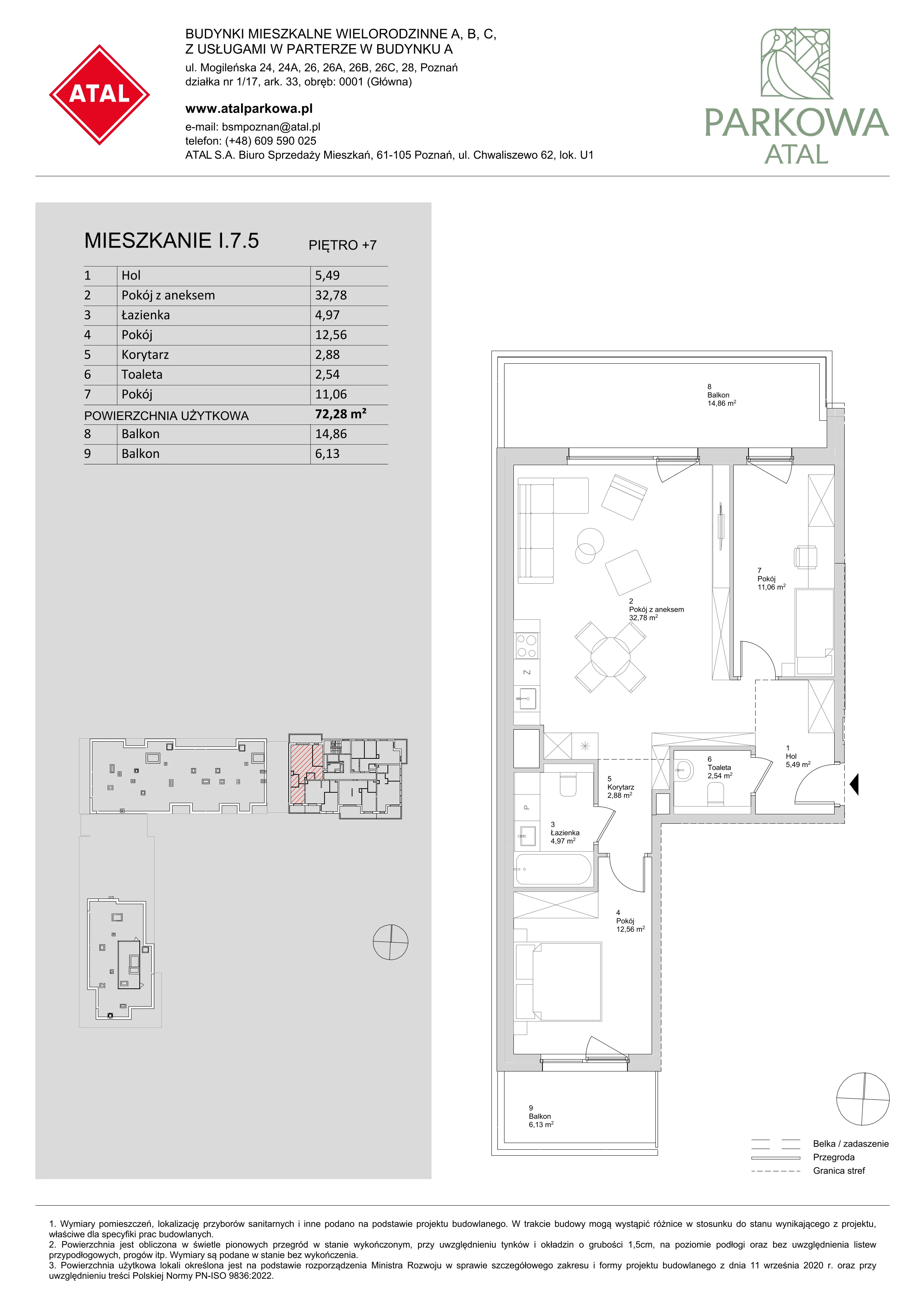3 pokoje, mieszkanie 72,28 m², piętro 7, oferta nr I.7.5, ATAL Parkowa, Poznań, Nowe Miasto, Osiedle Warszawskie, ul. Mogileńska