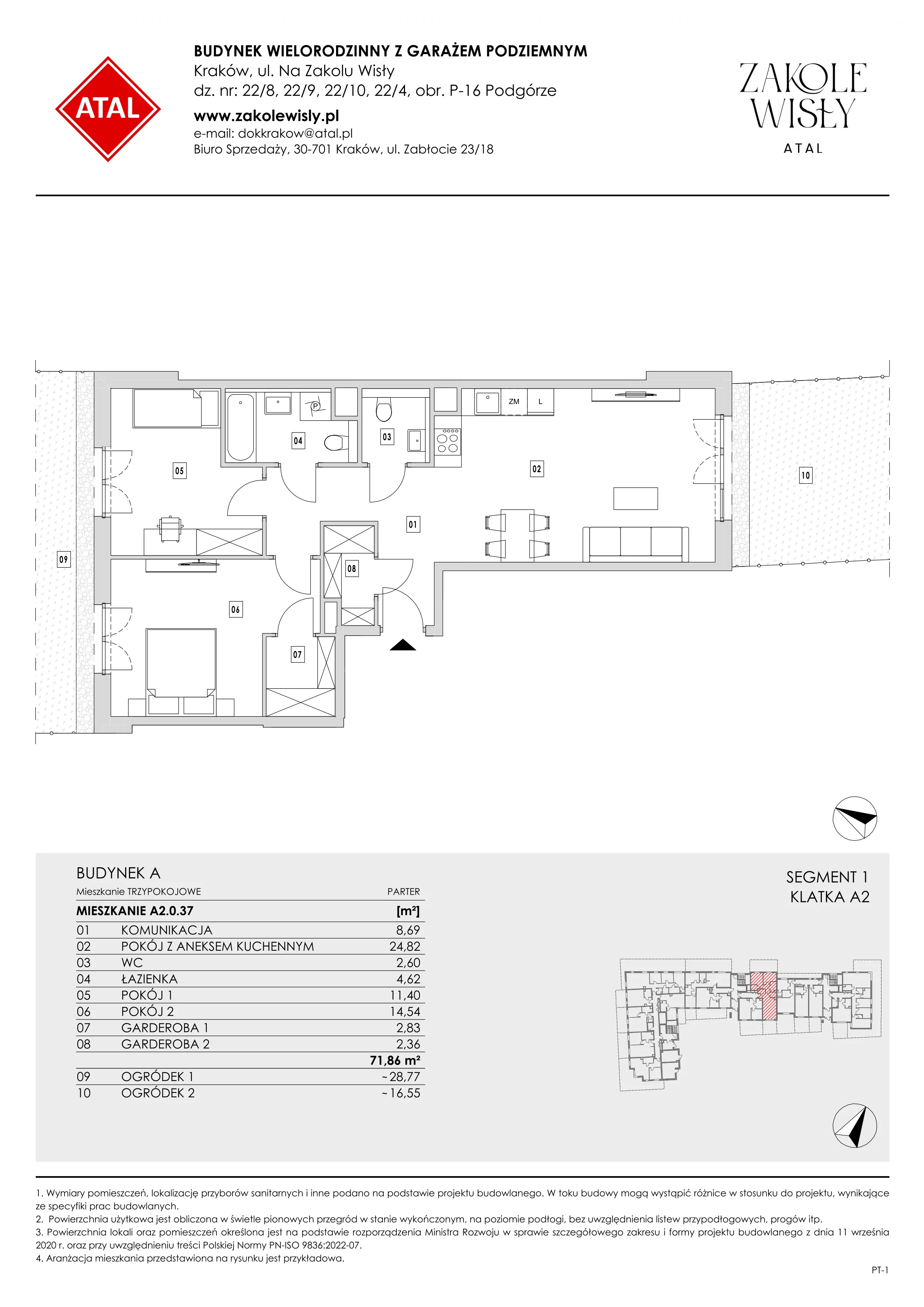 3 pokoje, mieszkanie 71,86 m², parter, oferta nr A2.0.37, Zakole Wisły, Kraków, Podgórze, ul. Na Zakolu Wisły