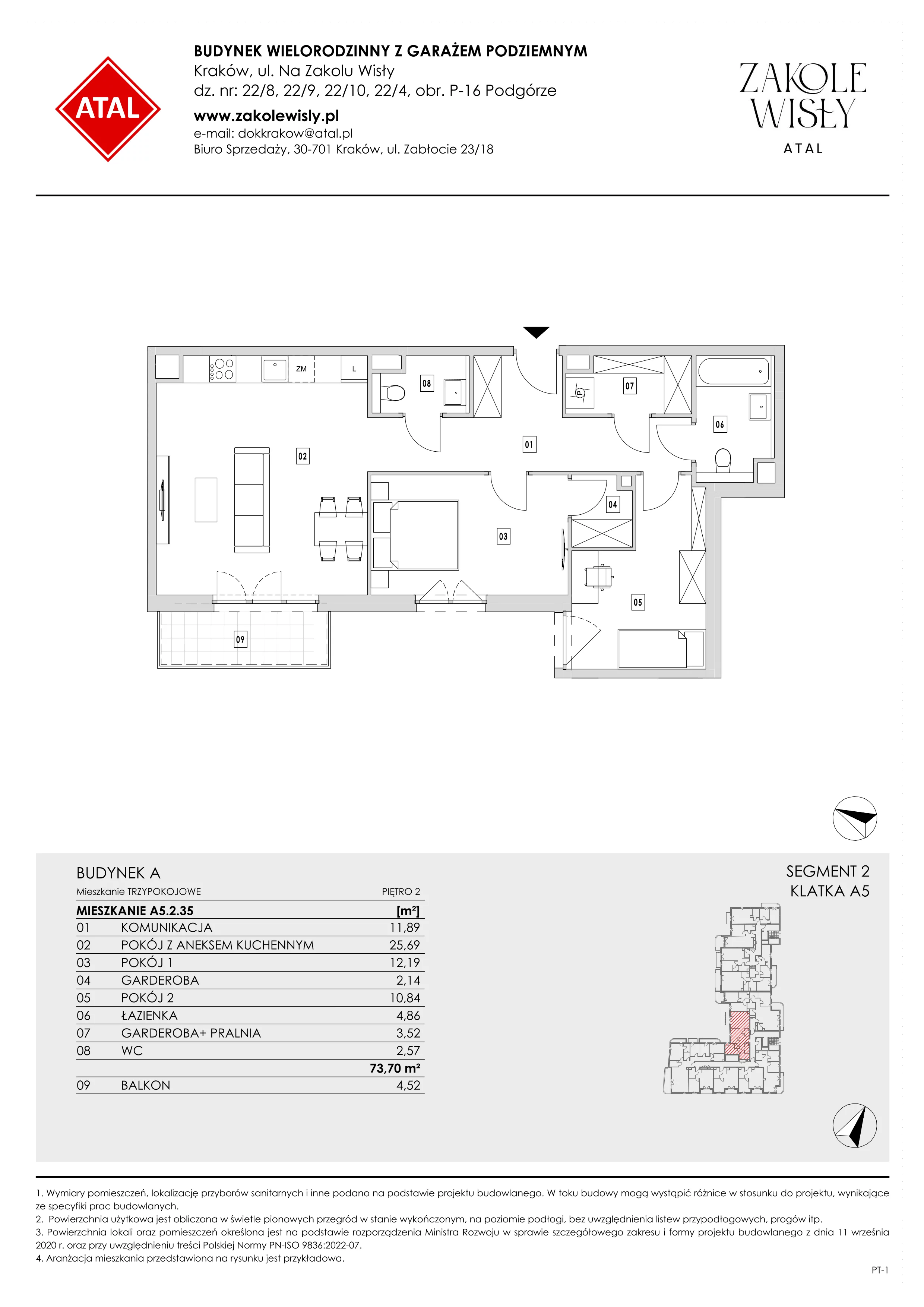 3 pokoje, mieszkanie 73,70 m², piętro 2, oferta nr A5.2.35, Zakole Wisły, Kraków, Podgórze, ul. Na Zakolu Wisły