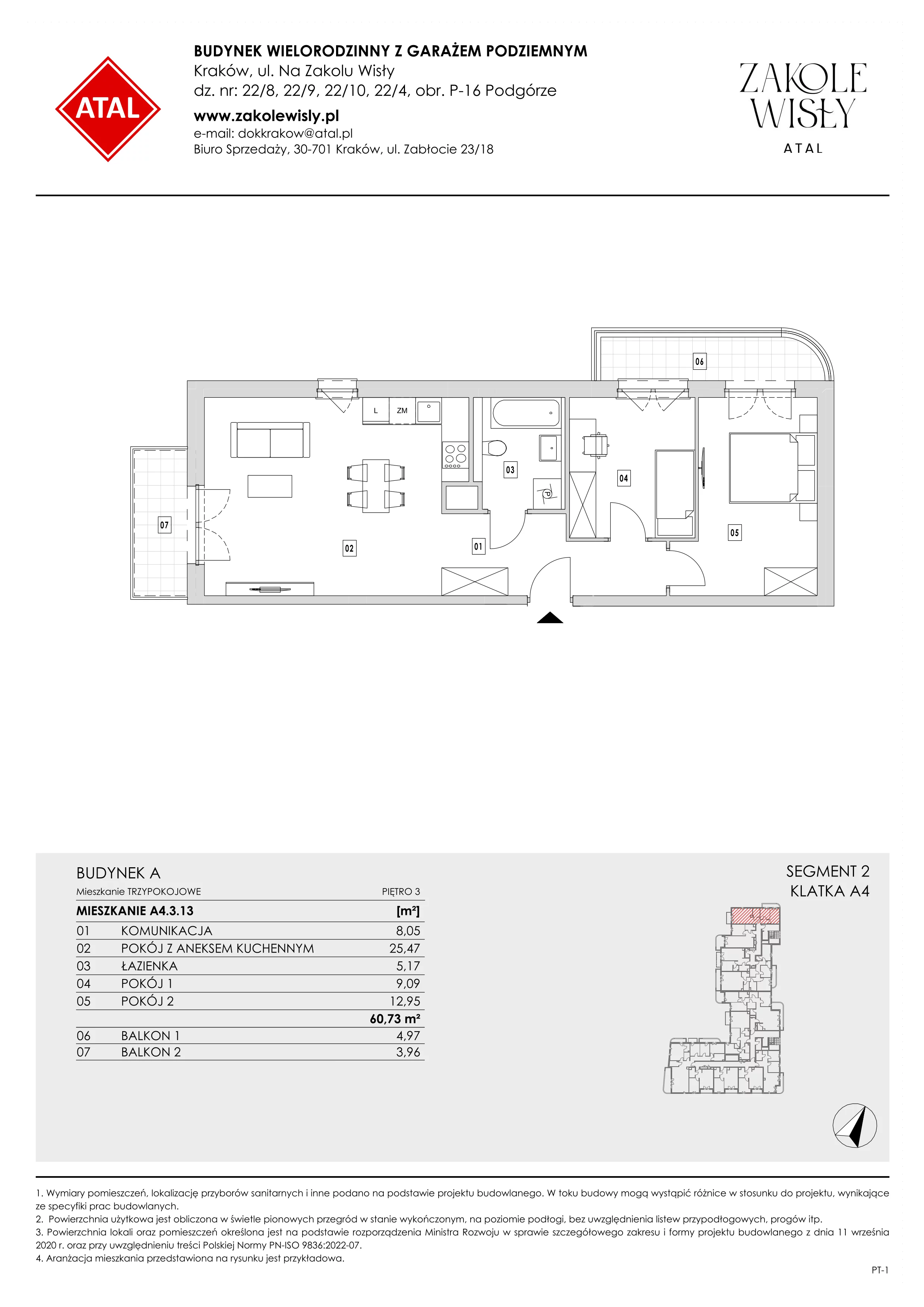 3 pokoje, mieszkanie 60,73 m², piętro 3, oferta nr A4.3.13, Zakole Wisły, Kraków, Podgórze, ul. Na Zakolu Wisły
