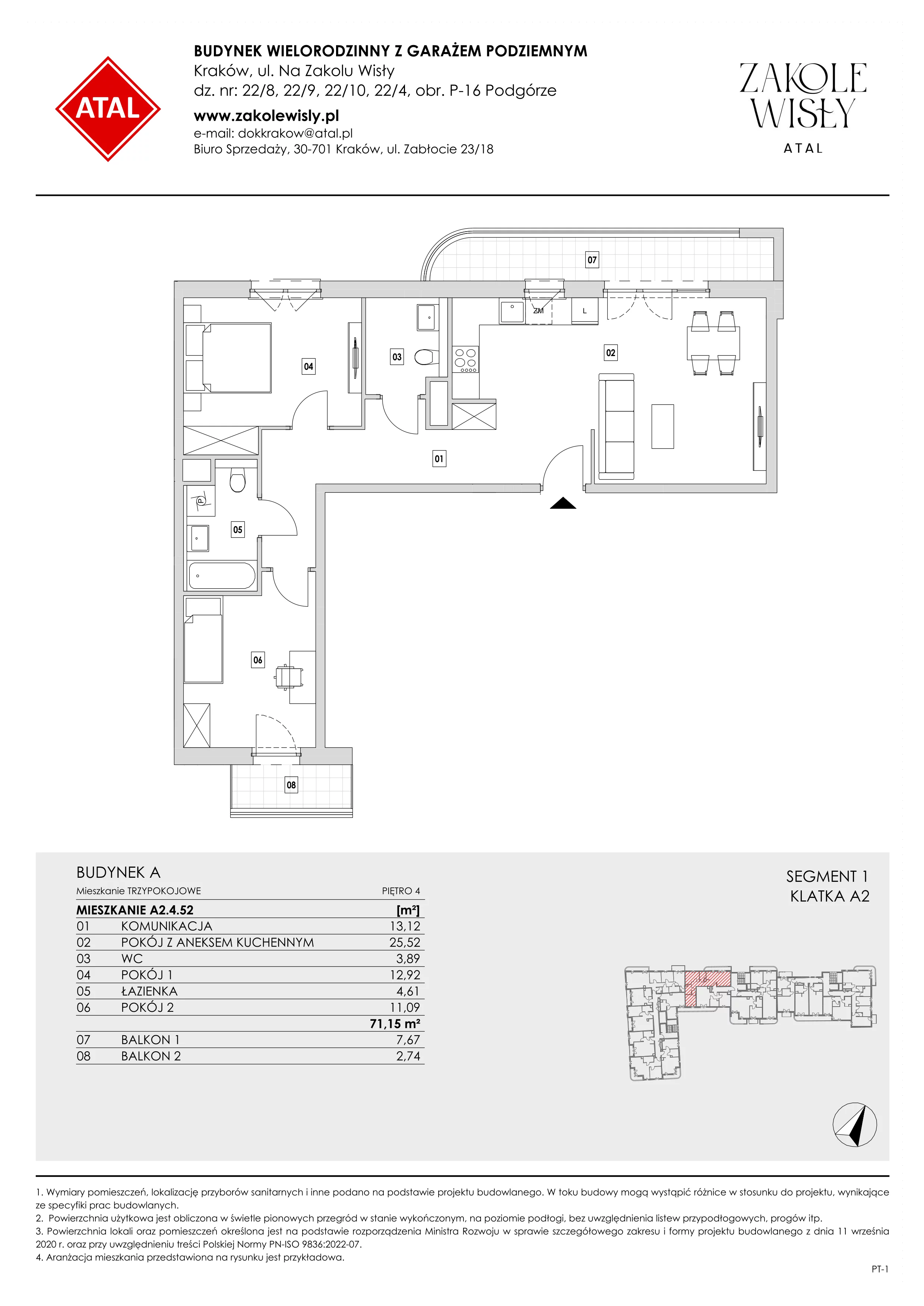 3 pokoje, mieszkanie 71,15 m², piętro 4, oferta nr A2.4.52, Zakole Wisły, Kraków, Podgórze, ul. Na Zakolu Wisły