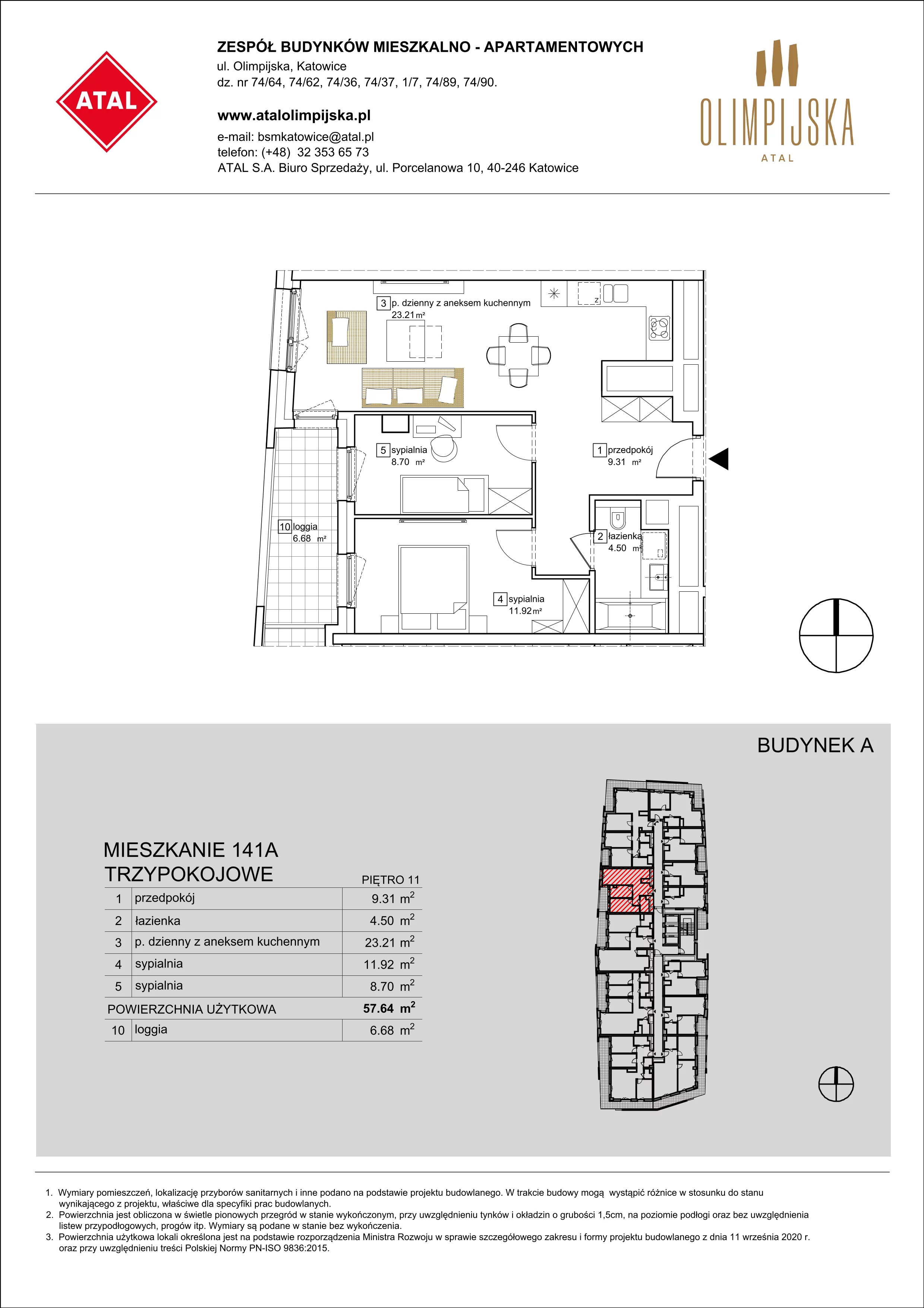 3 pokoje, mieszkanie 57,64 m², piętro 11, oferta nr A-11-141A, ATAL Olimpijska, Katowice, Bogucice, ul. Olimpijska / al. Korfantego