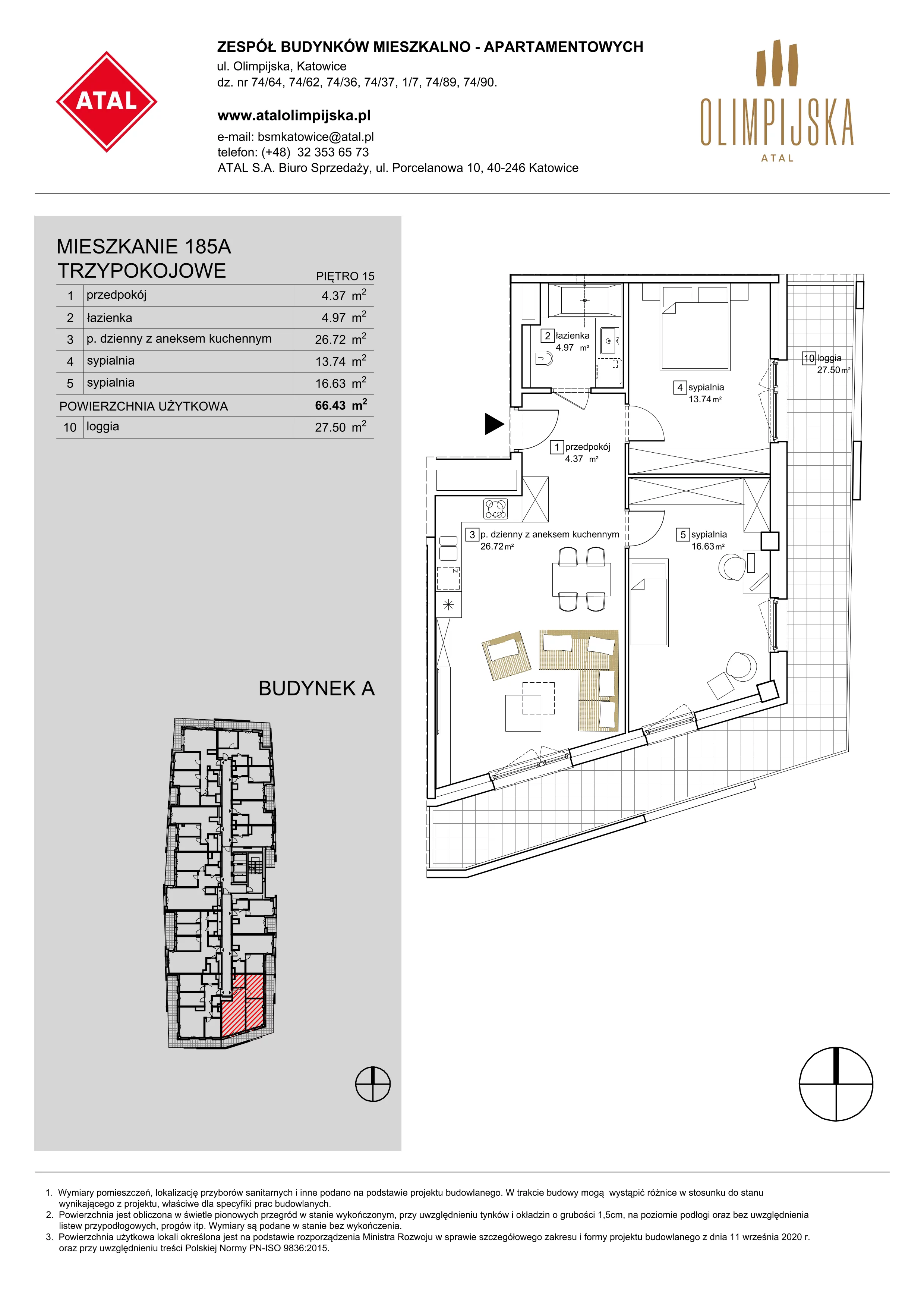 3 pokoje, apartament 66,22 m², piętro 15, oferta nr A-15-185A, ATAL Olimpijska, Katowice, Bogucice, ul. Olimpijska / al. Korfantego