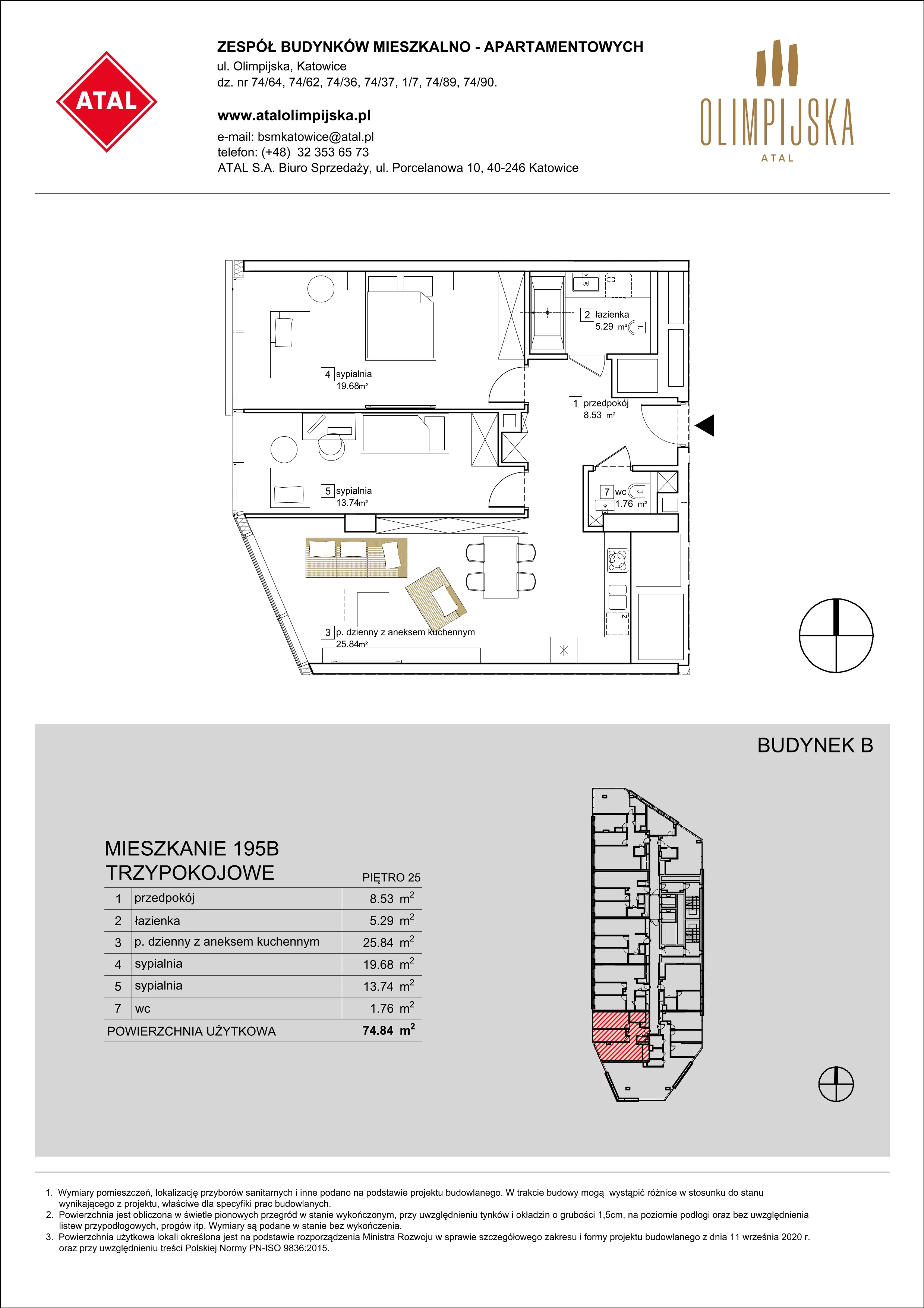 3 pokoje, apartament 74,84 m², piętro 25, oferta nr B-25-195B, ATAL Olimpijska, Katowice, Bogucice, ul. Olimpijska / al. Korfantego