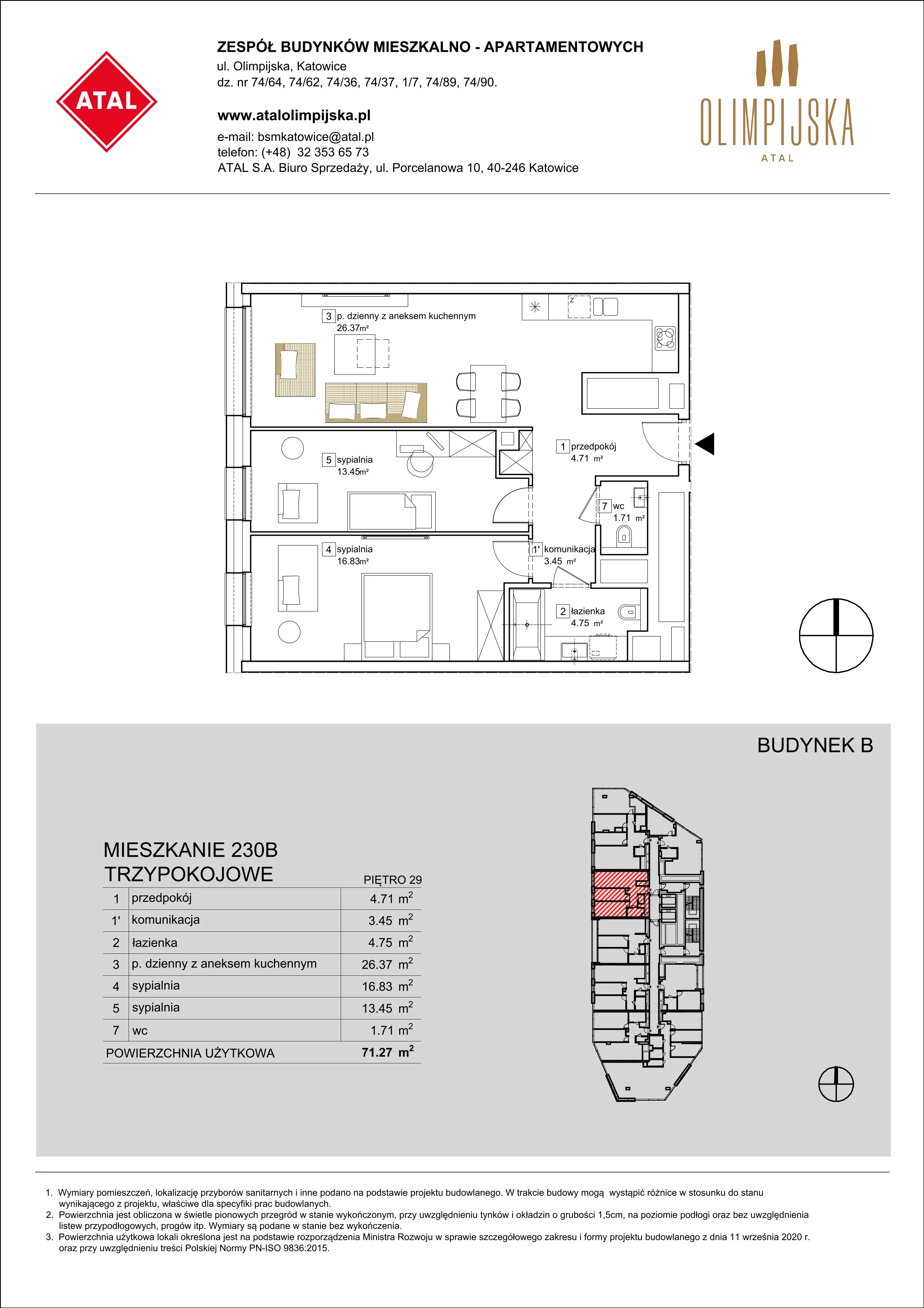 3 pokoje, apartament 71,27 m², piętro 29, oferta nr B-29-230B, ATAL Olimpijska, Katowice, Bogucice, ul. Olimpijska / al. Korfantego