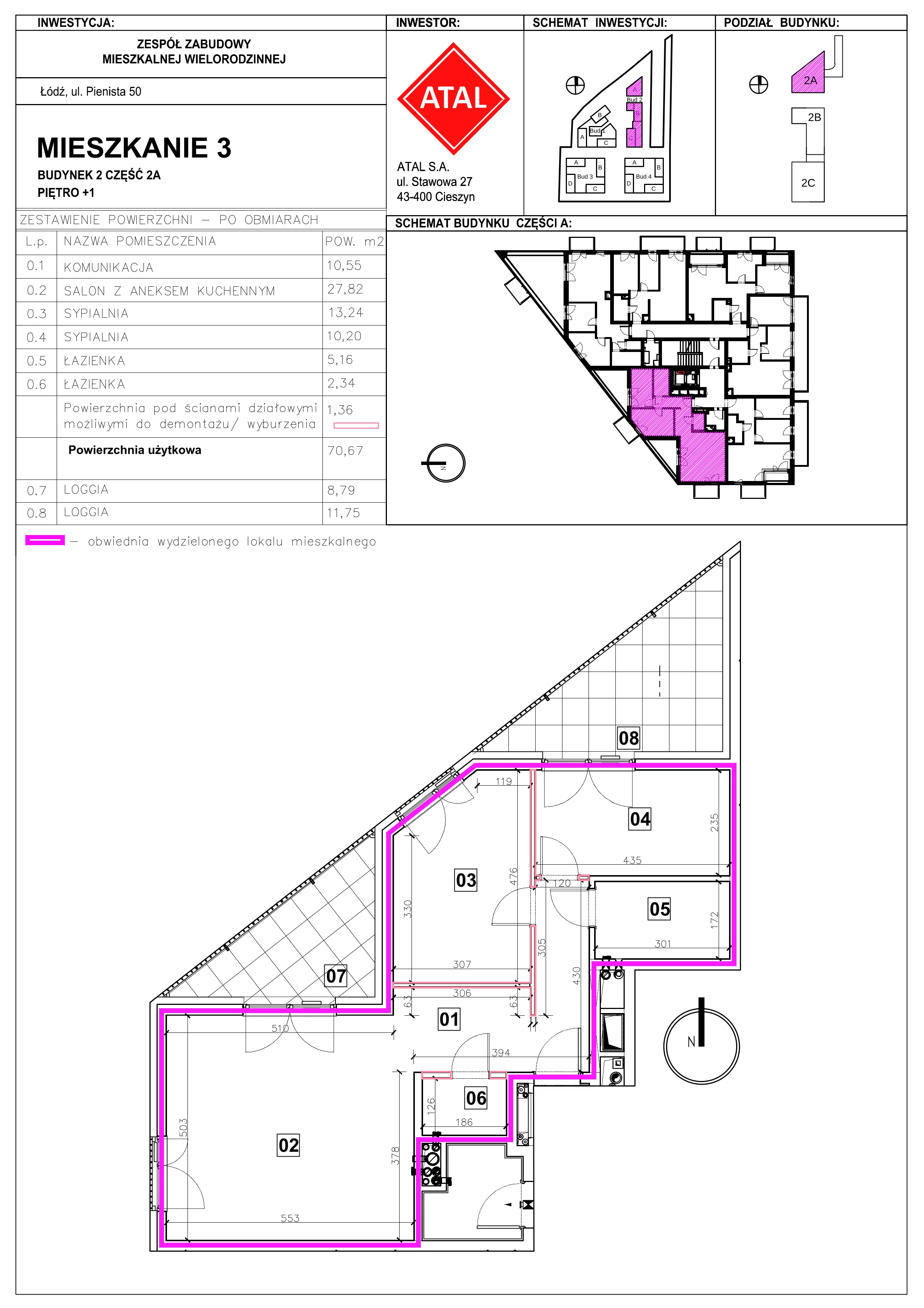 Mieszkanie 70,67 m², piętro 1, oferta nr 2A-1-3, Nowe Miasto Polesie III, Łódź, Polesie, Lublinek-Pienista, ul. Pienista