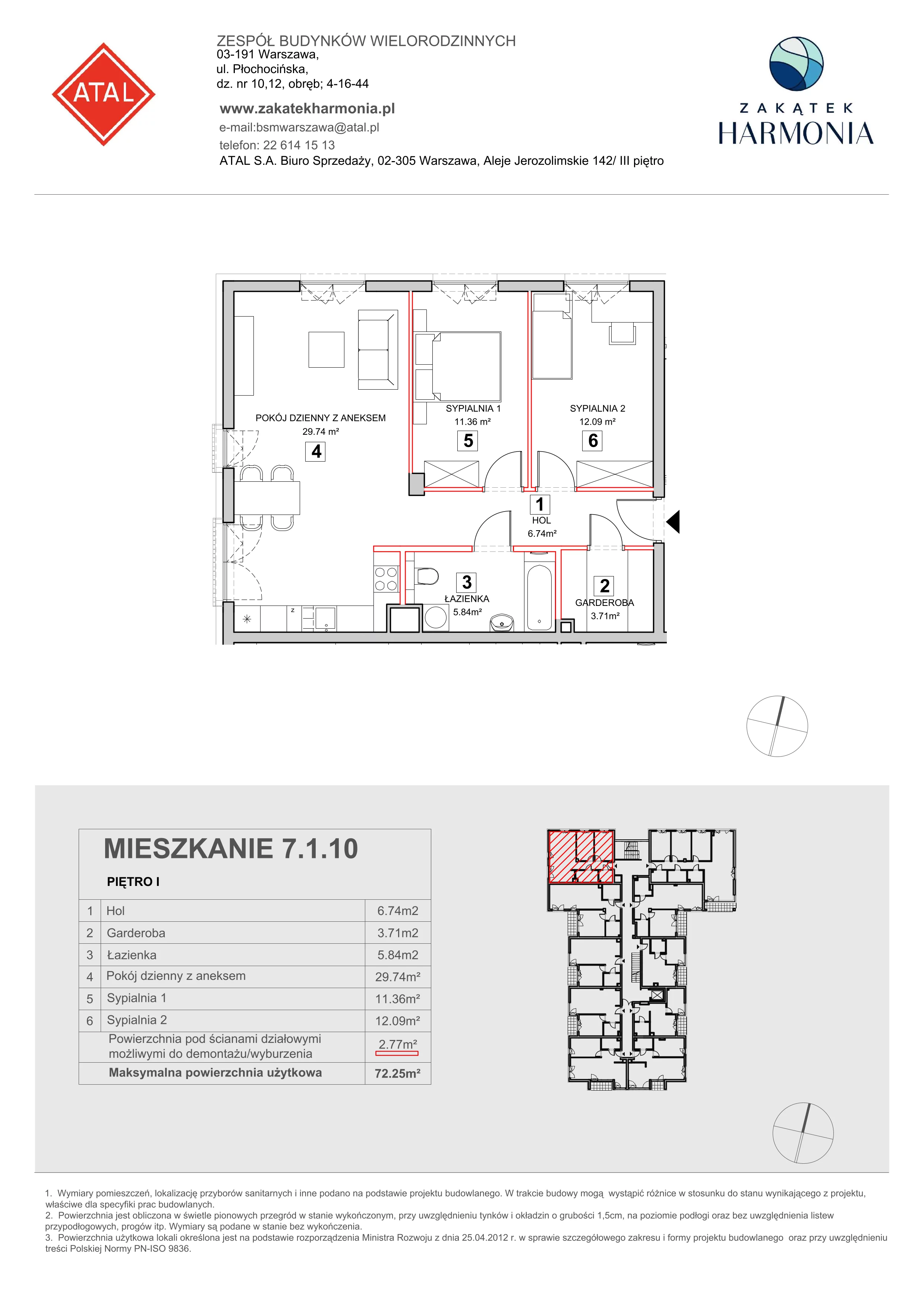 Mieszkanie 72,25 m², piętro 1, oferta nr 7-1-10, Zakątek Harmonia II, Warszawa, Białołęka, Szamocin, ul. Płochocińska