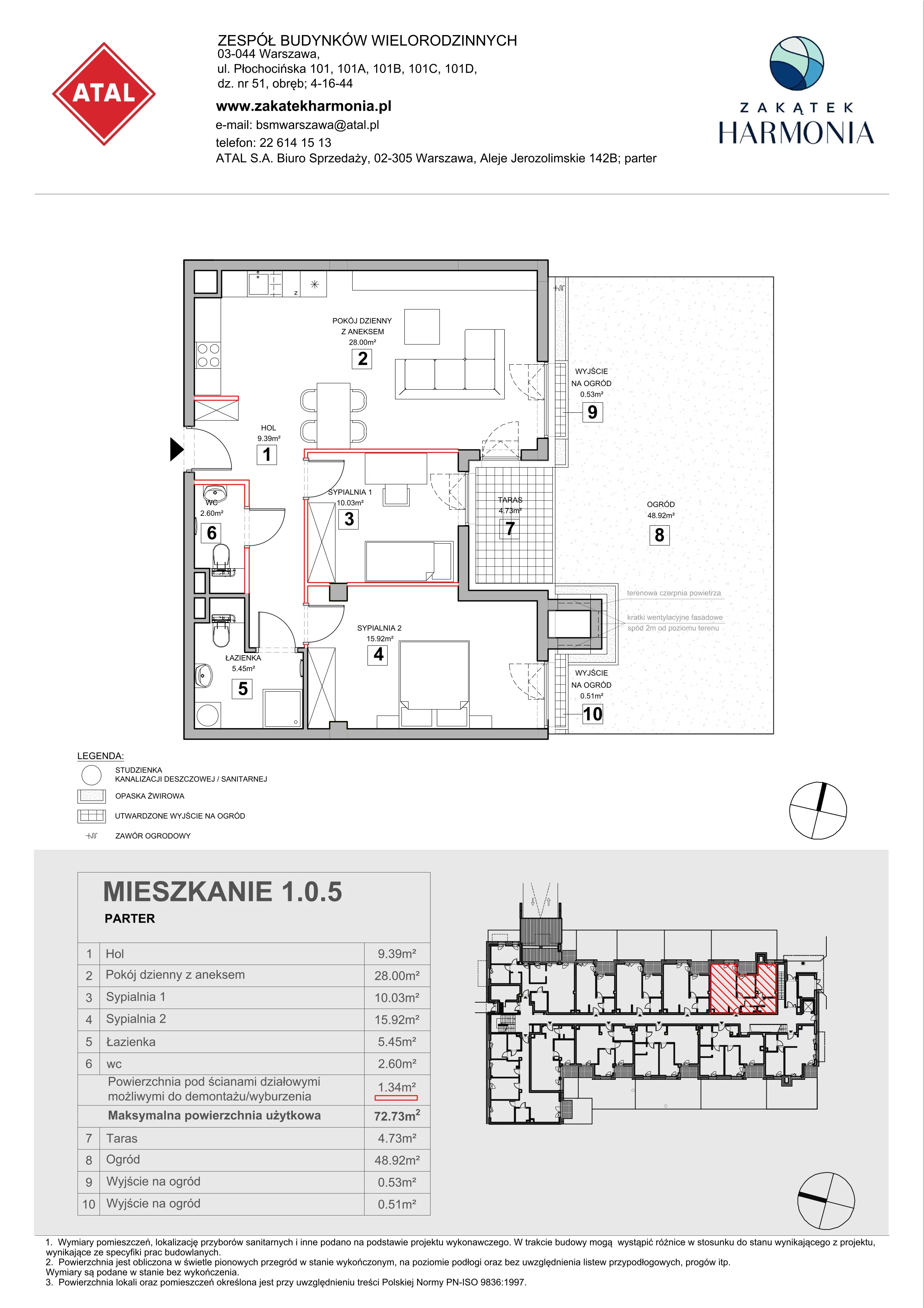 3 pokoje, mieszkanie 72,73 m², parter, oferta nr 1.0.5, Zakątek Harmonia III, Warszawa, Białołęka, Szamocin, ul. Płochocińska