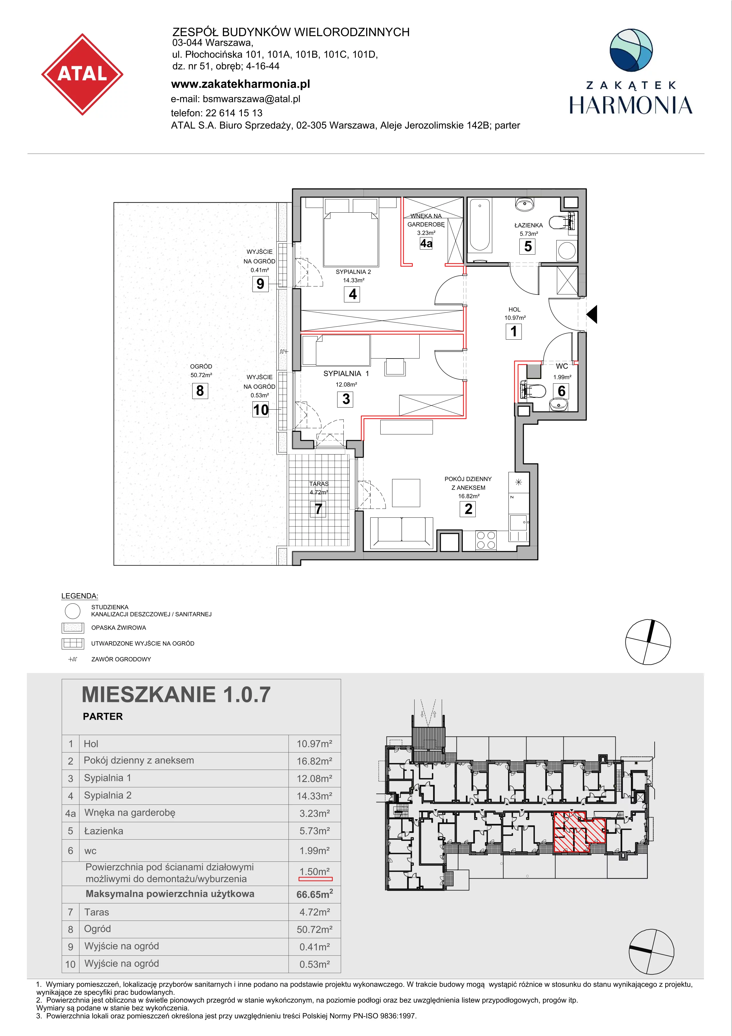 3 pokoje, mieszkanie 66,65 m², parter, oferta nr 1.0.7, Zakątek Harmonia III, Warszawa, Białołęka, Szamocin, ul. Płochocińska