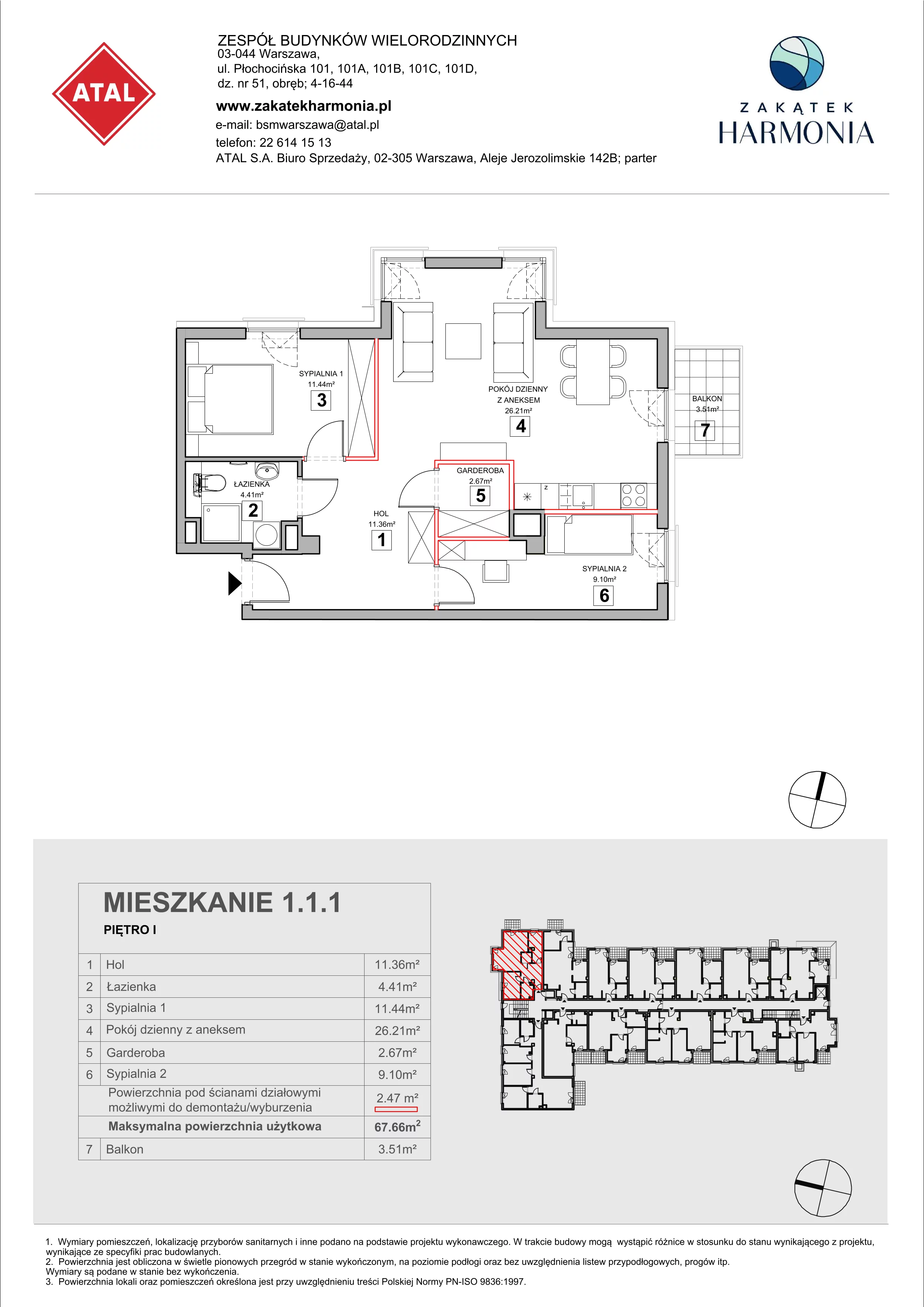 3 pokoje, mieszkanie 67,66 m², piętro 1, oferta nr 1.1.1, Zakątek Harmonia III, Warszawa, Białołęka, Szamocin, ul. Płochocińska