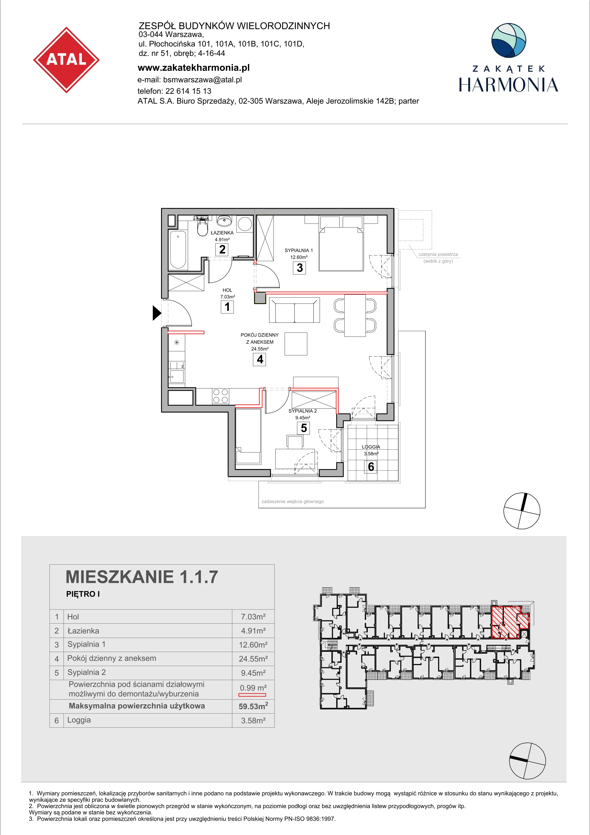 3 pokoje, mieszkanie 59,53 m², piętro 1, oferta nr 1.1.7, Zakątek Harmonia III, Warszawa, Białołęka, Szamocin, ul. Płochocińska