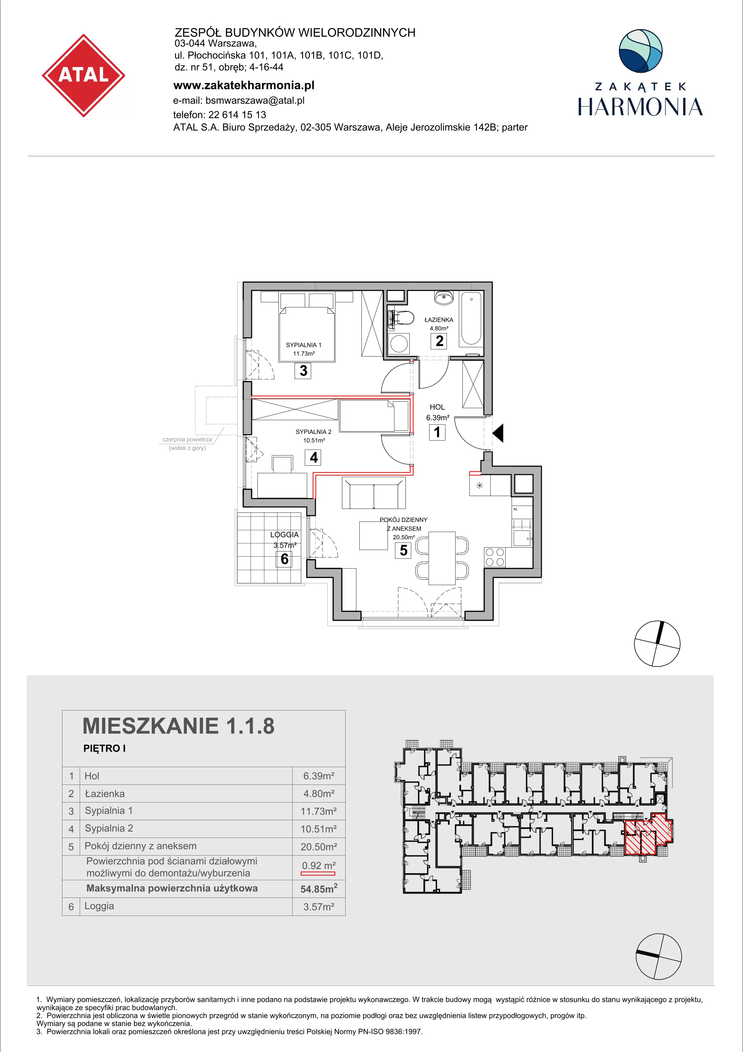 3 pokoje, mieszkanie 54,85 m², piętro 1, oferta nr 1.1.8, Zakątek Harmonia III, Warszawa, Białołęka, Szamocin, ul. Płochocińska