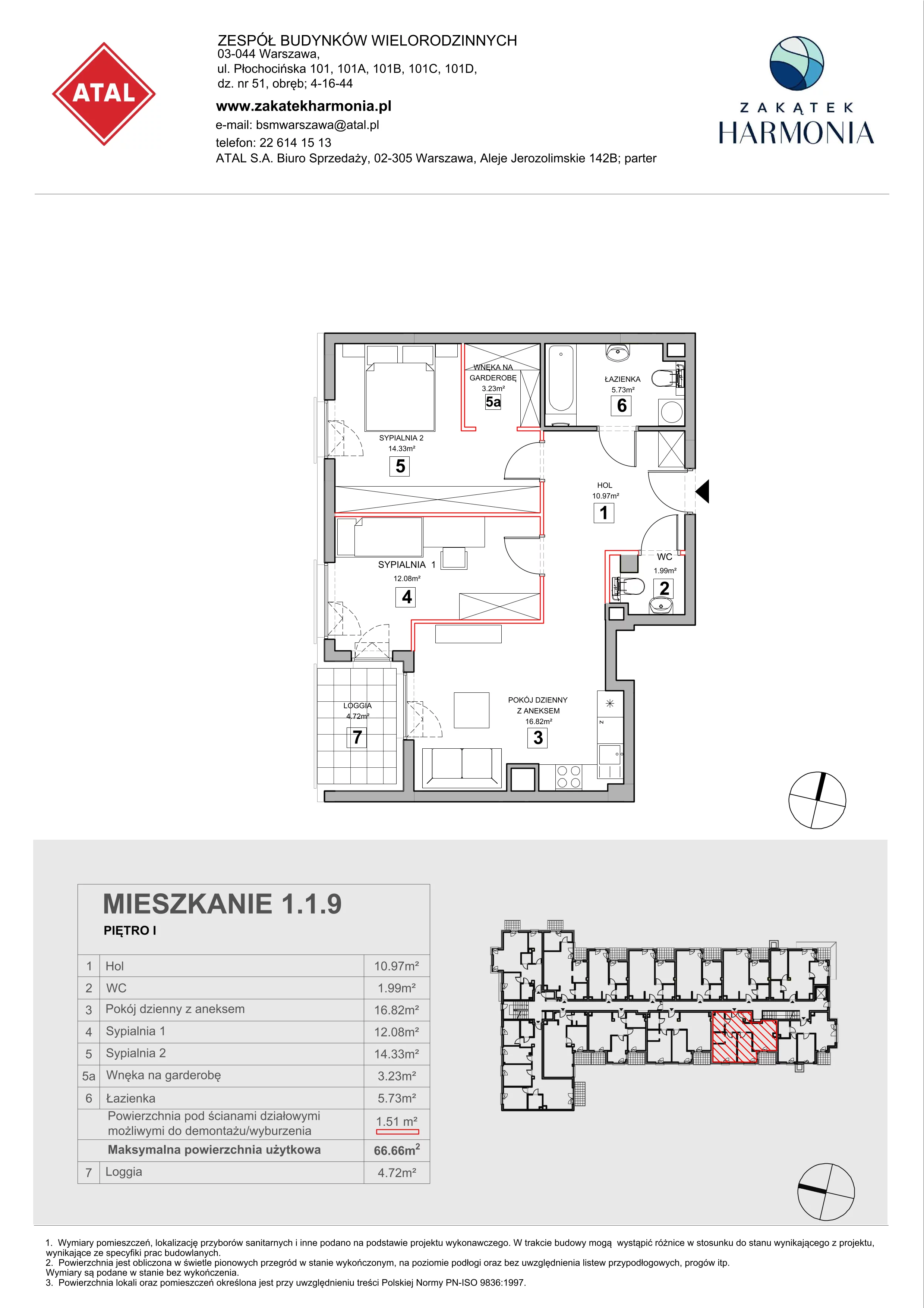 3 pokoje, mieszkanie 66,66 m², piętro 1, oferta nr 1.1.9, Zakątek Harmonia III, Warszawa, Białołęka, Szamocin, ul. Płochocińska