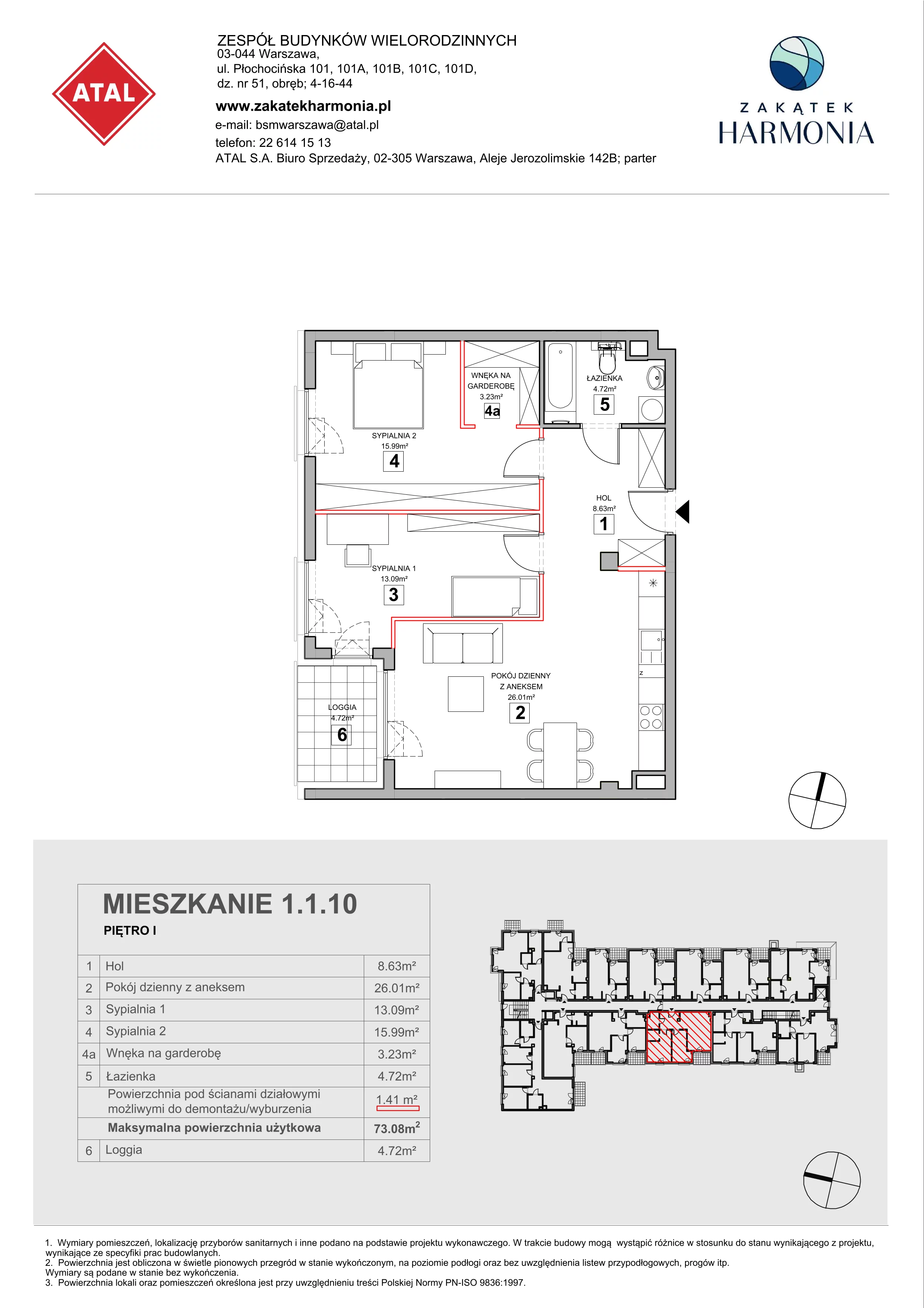 3 pokoje, mieszkanie 73,08 m², piętro 1, oferta nr 1.1.10, Zakątek Harmonia III, Warszawa, Białołęka, Szamocin, ul. Płochocińska