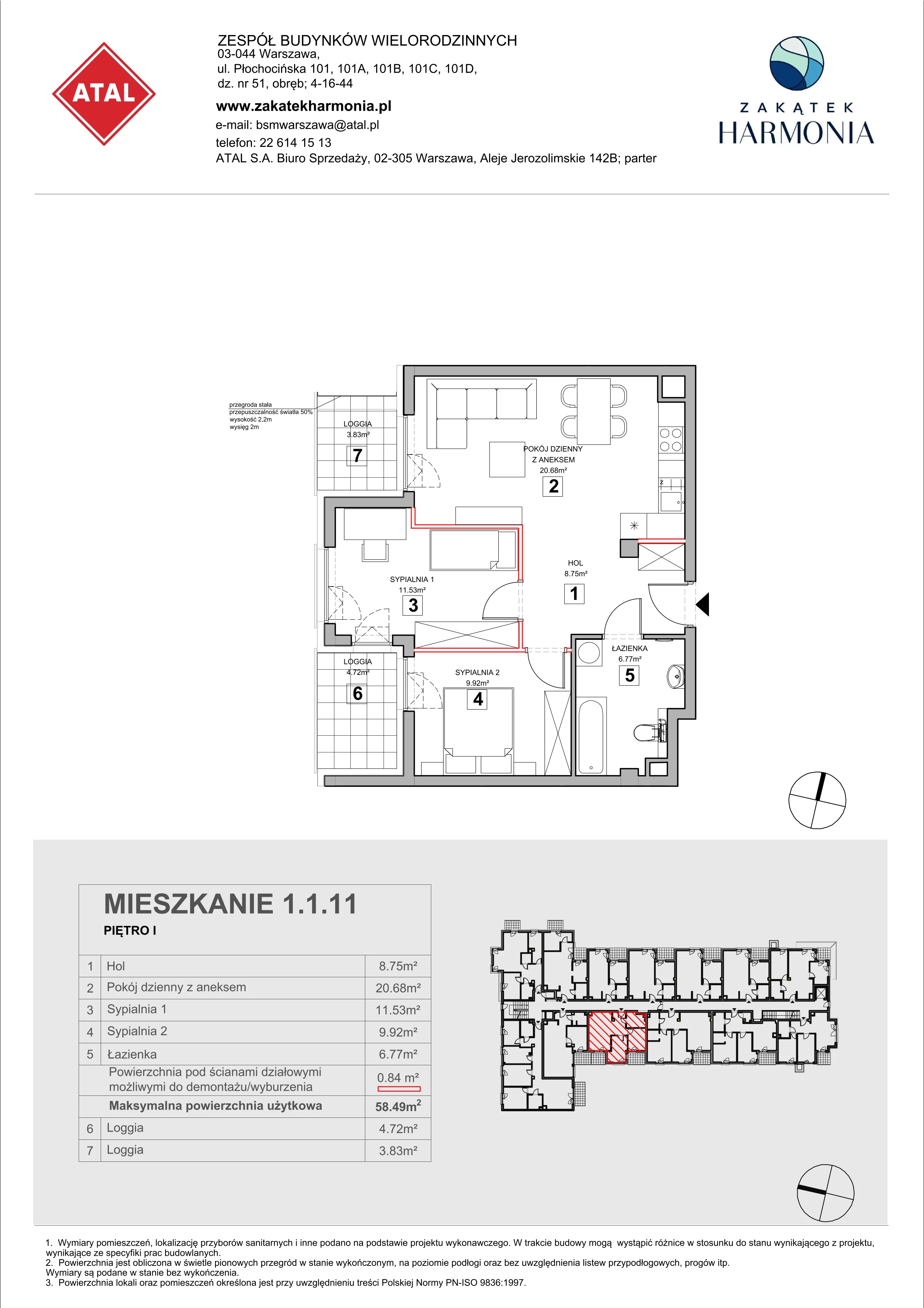 3 pokoje, mieszkanie 58,49 m², piętro 1, oferta nr 1.1.11, Zakątek Harmonia III, Warszawa, Białołęka, Szamocin, ul. Płochocińska