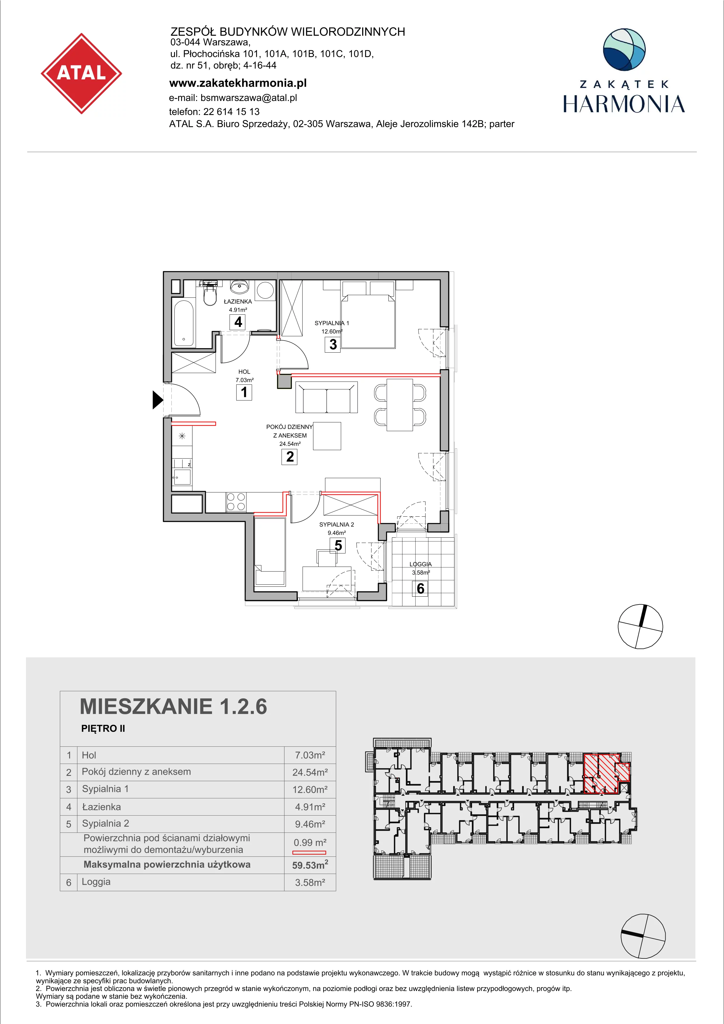 3 pokoje, mieszkanie 59,53 m², piętro 2, oferta nr 1.2.6, Zakątek Harmonia III, Warszawa, Białołęka, Szamocin, ul. Płochocińska