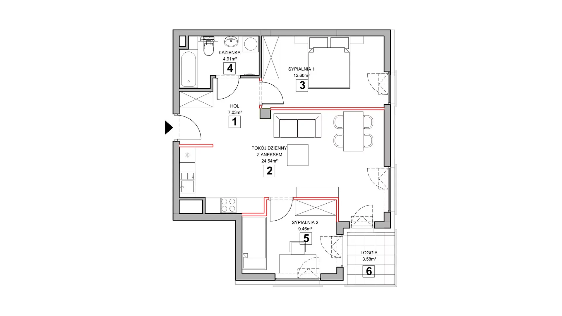 3 pokoje, mieszkanie 59,53 m², piętro 2, oferta nr 1.2.6, Zakątek Harmonia III, Warszawa, Białołęka, Szamocin, ul. Płochocińska