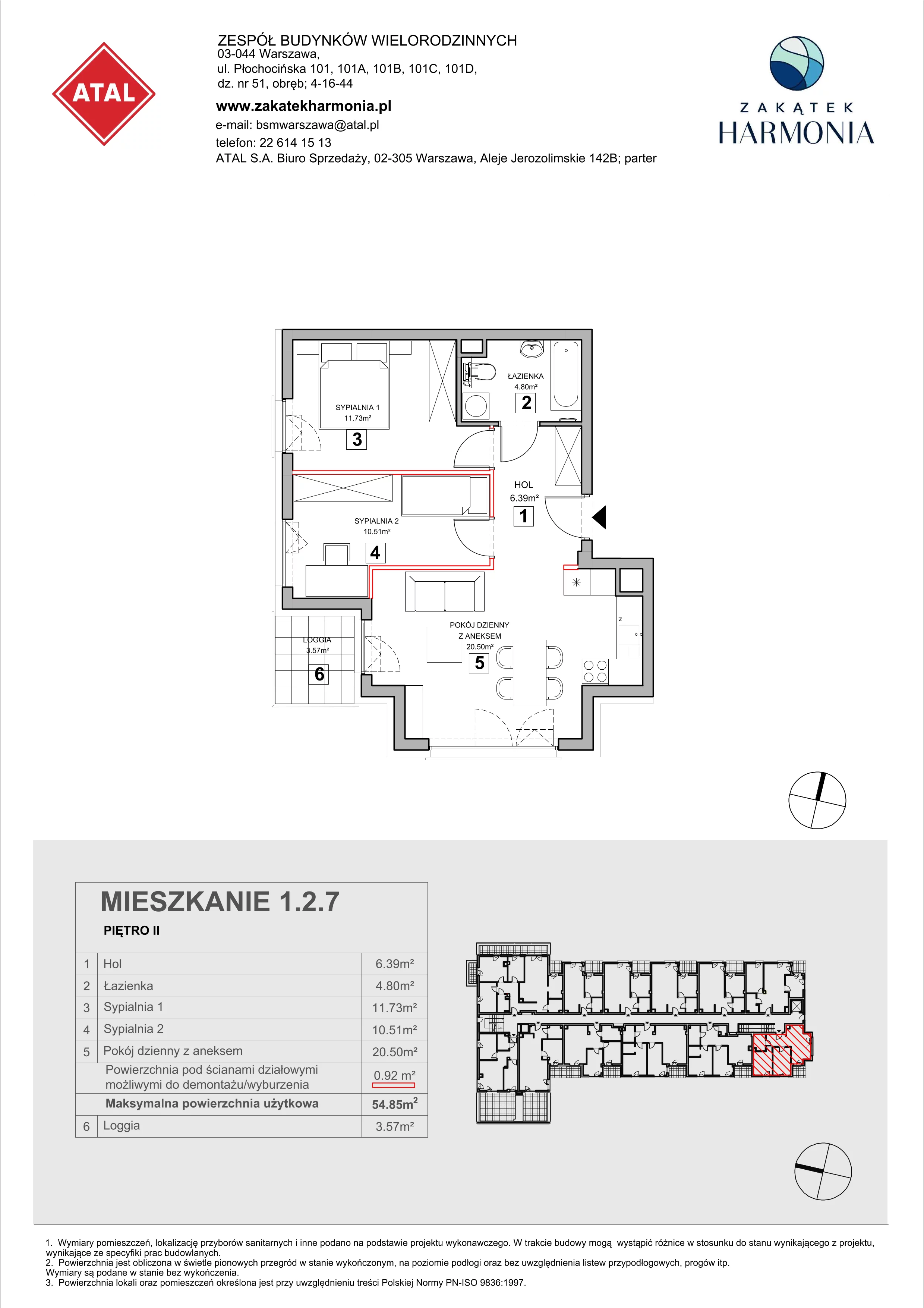 3 pokoje, mieszkanie 54,85 m², piętro 2, oferta nr 1.2.7, Zakątek Harmonia III, Warszawa, Białołęka, Szamocin, ul. Płochocińska