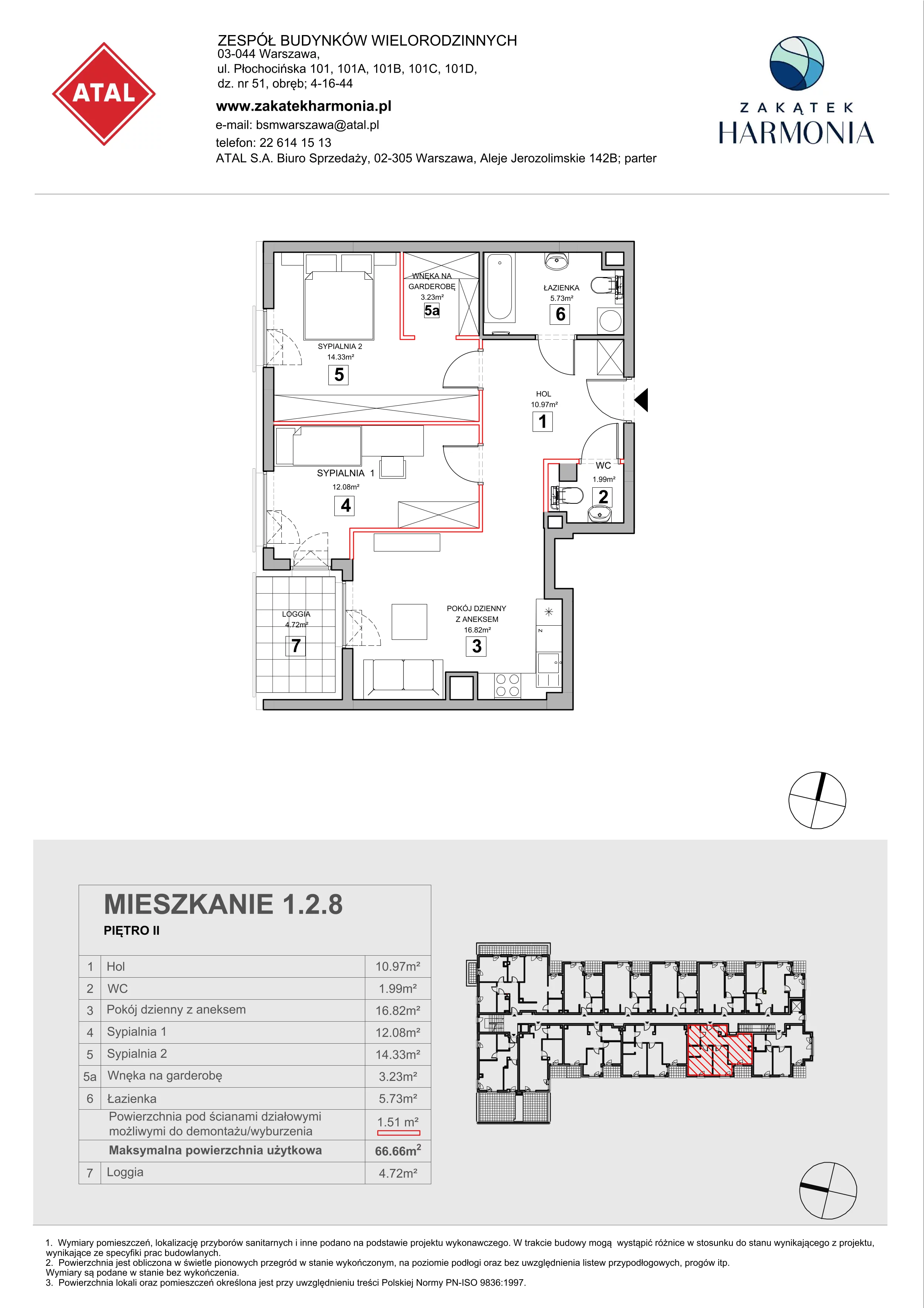 3 pokoje, mieszkanie 66,66 m², piętro 2, oferta nr 1.2.8, Zakątek Harmonia III, Warszawa, Białołęka, Szamocin, ul. Płochocińska