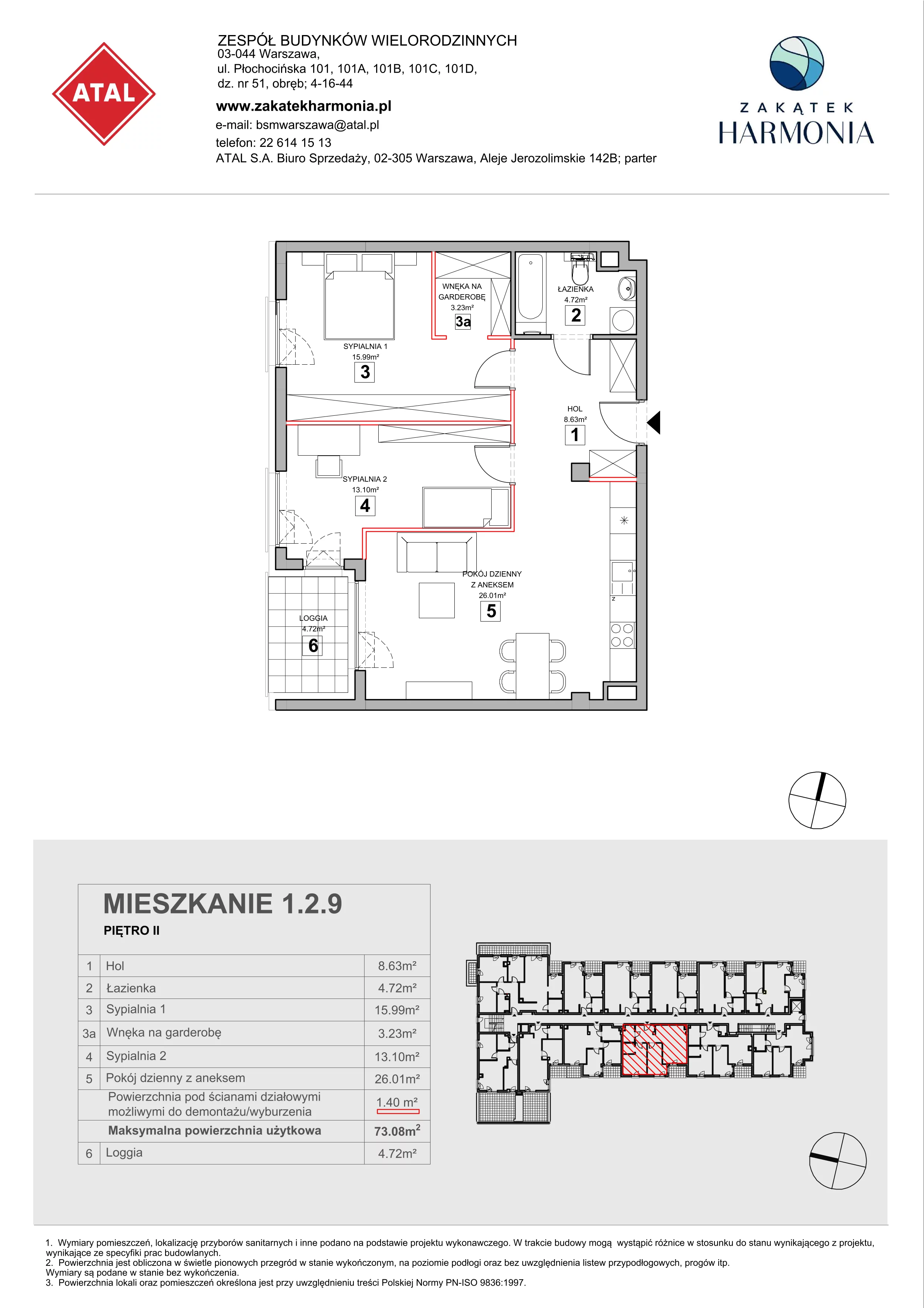 3 pokoje, mieszkanie 73,08 m², piętro 2, oferta nr 1.2.9, Zakątek Harmonia III, Warszawa, Białołęka, Szamocin, ul. Płochocińska