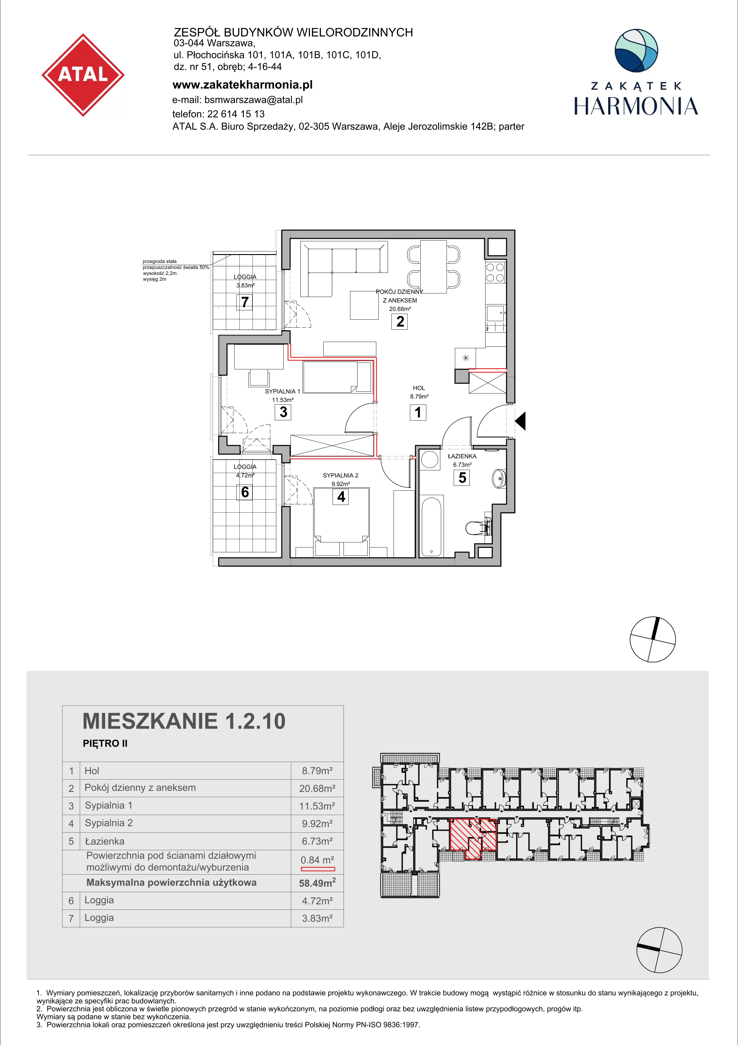 3 pokoje, mieszkanie 58,49 m², piętro 2, oferta nr 1.2.10, Zakątek Harmonia III, Warszawa, Białołęka, Szamocin, ul. Płochocińska