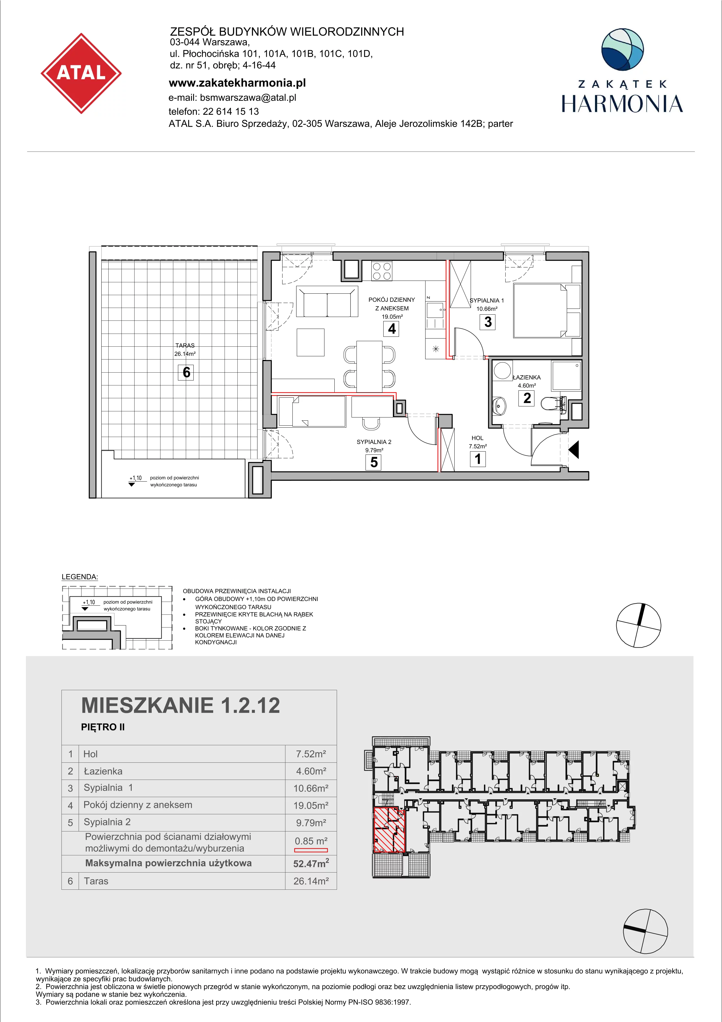 3 pokoje, mieszkanie 52,47 m², piętro 2, oferta nr 1.2.12, Zakątek Harmonia III, Warszawa, Białołęka, Szamocin, ul. Płochocińska