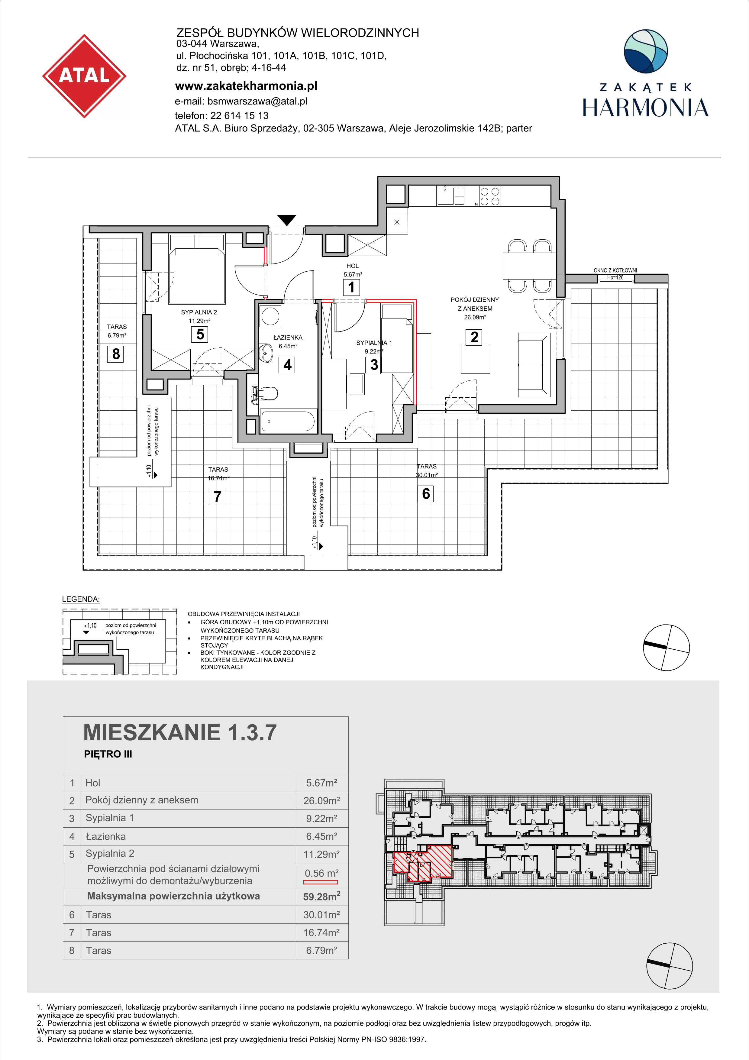 3 pokoje, mieszkanie 59,28 m², piętro 3, oferta nr 1.3.7, Zakątek Harmonia III, Warszawa, Białołęka, Szamocin, ul. Płochocińska