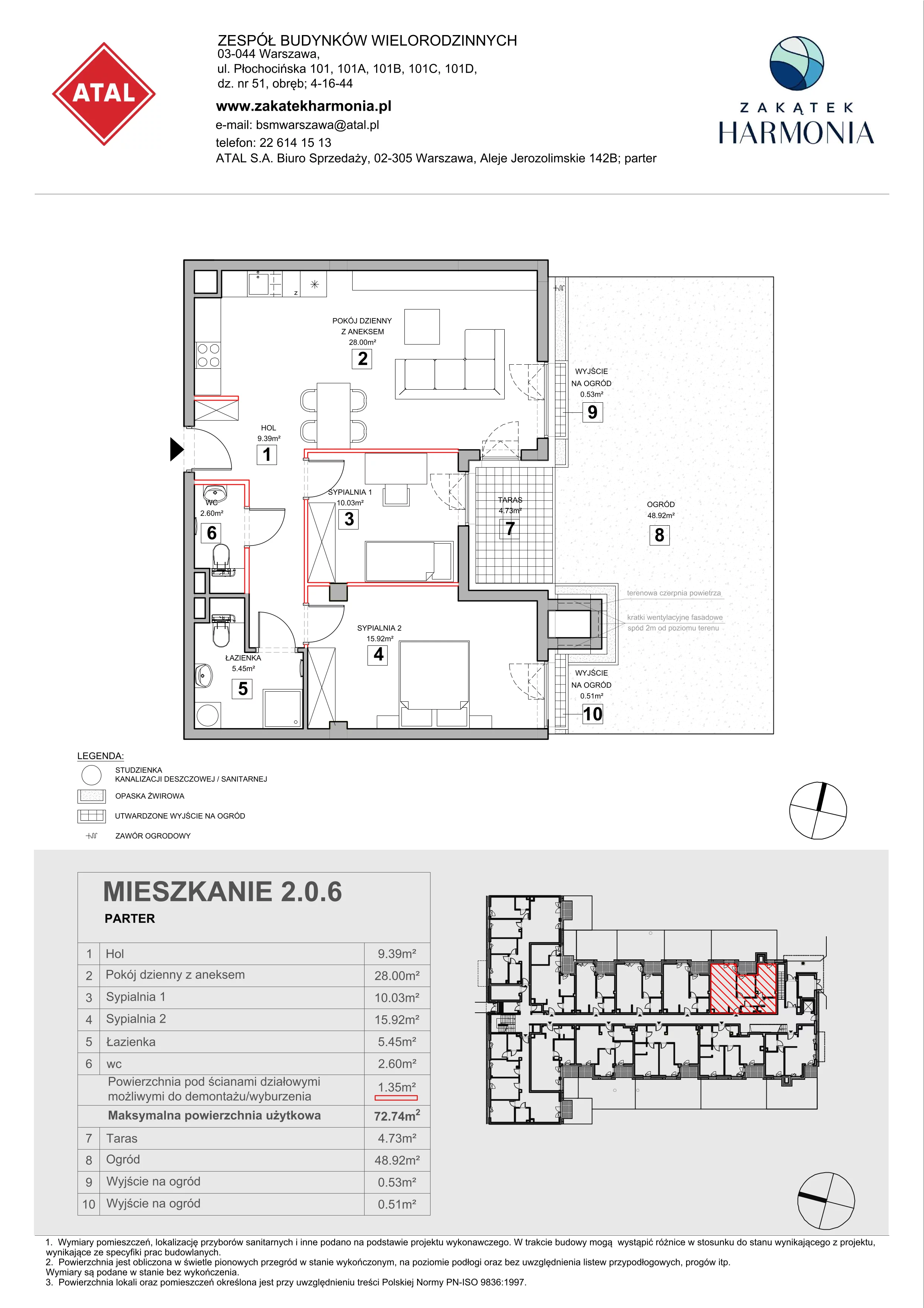 3 pokoje, mieszkanie 72,74 m², parter, oferta nr 2.0.6, Zakątek Harmonia III, Warszawa, Białołęka, Szamocin, ul. Płochocińska