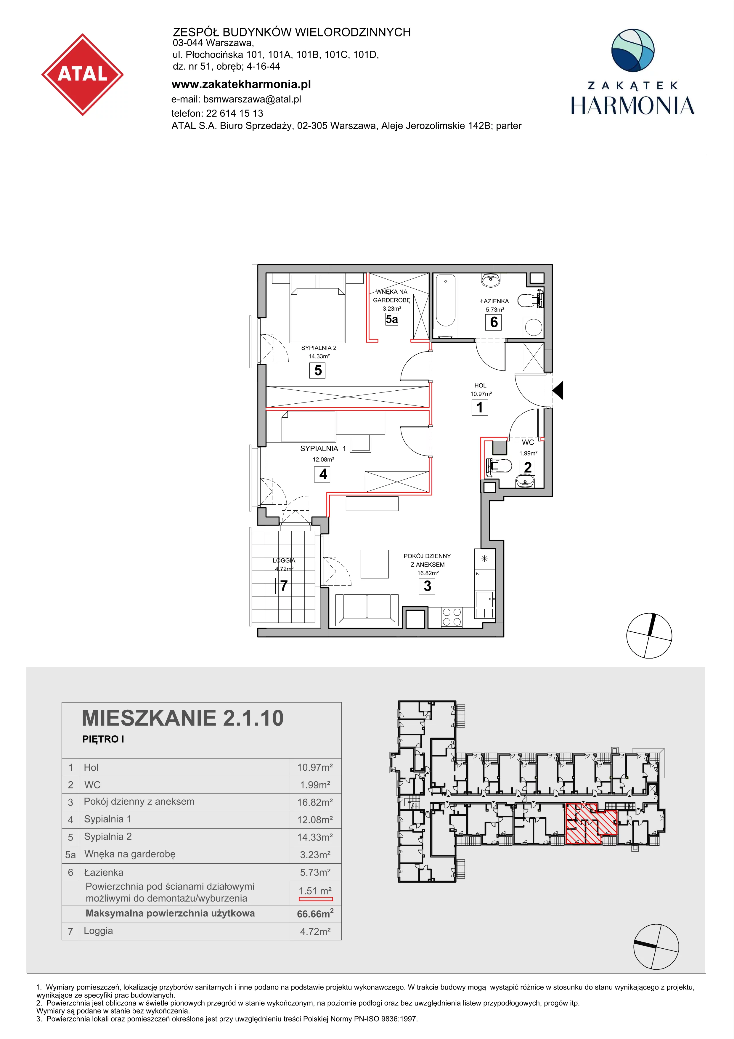 3 pokoje, mieszkanie 66,66 m², piętro 1, oferta nr 2.1.10, Zakątek Harmonia III, Warszawa, Białołęka, Szamocin, ul. Płochocińska