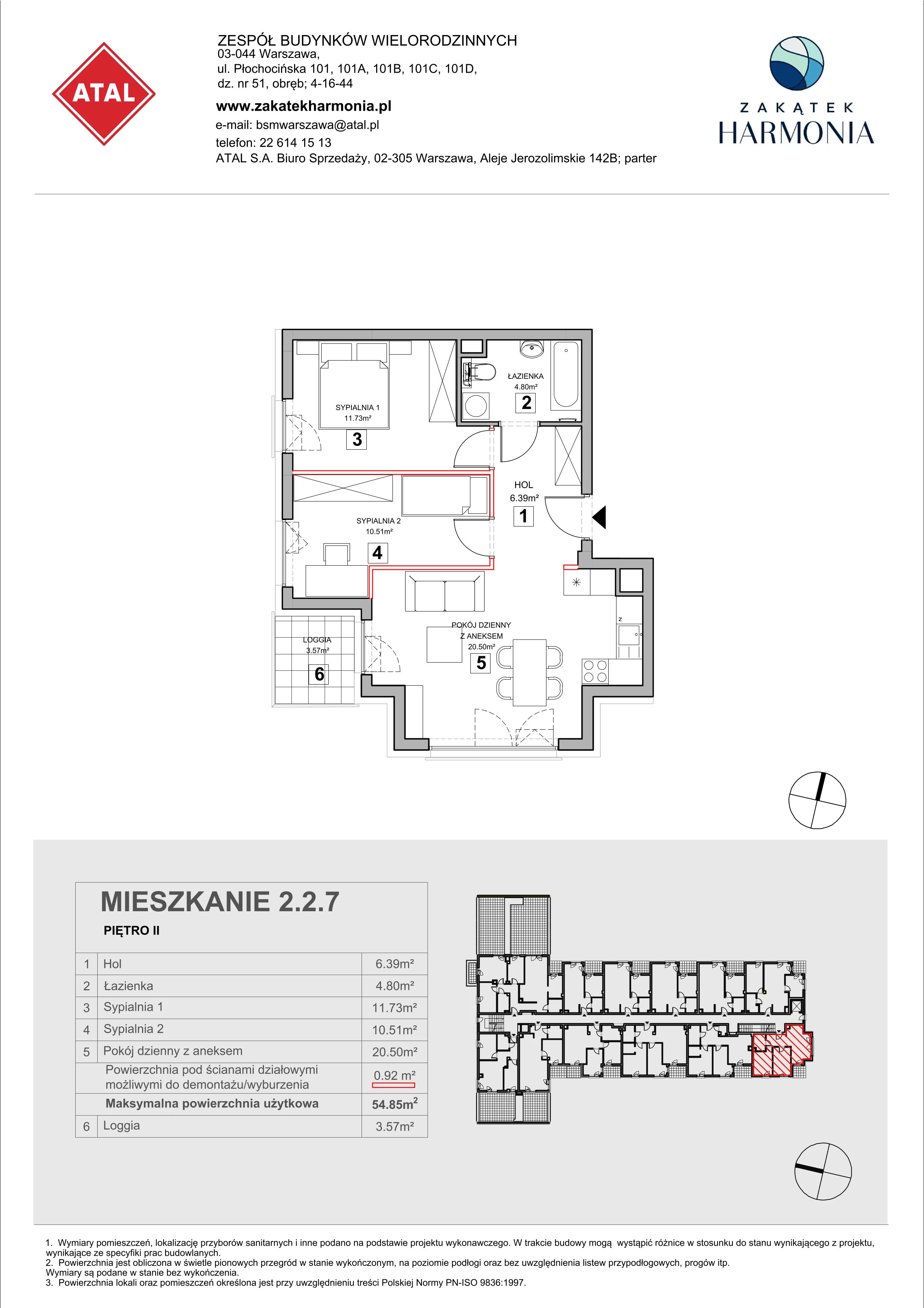 3 pokoje, mieszkanie 54,85 m², piętro 2, oferta nr 2.2.7, Zakątek Harmonia III, Warszawa, Białołęka, Szamocin, ul. Płochocińska